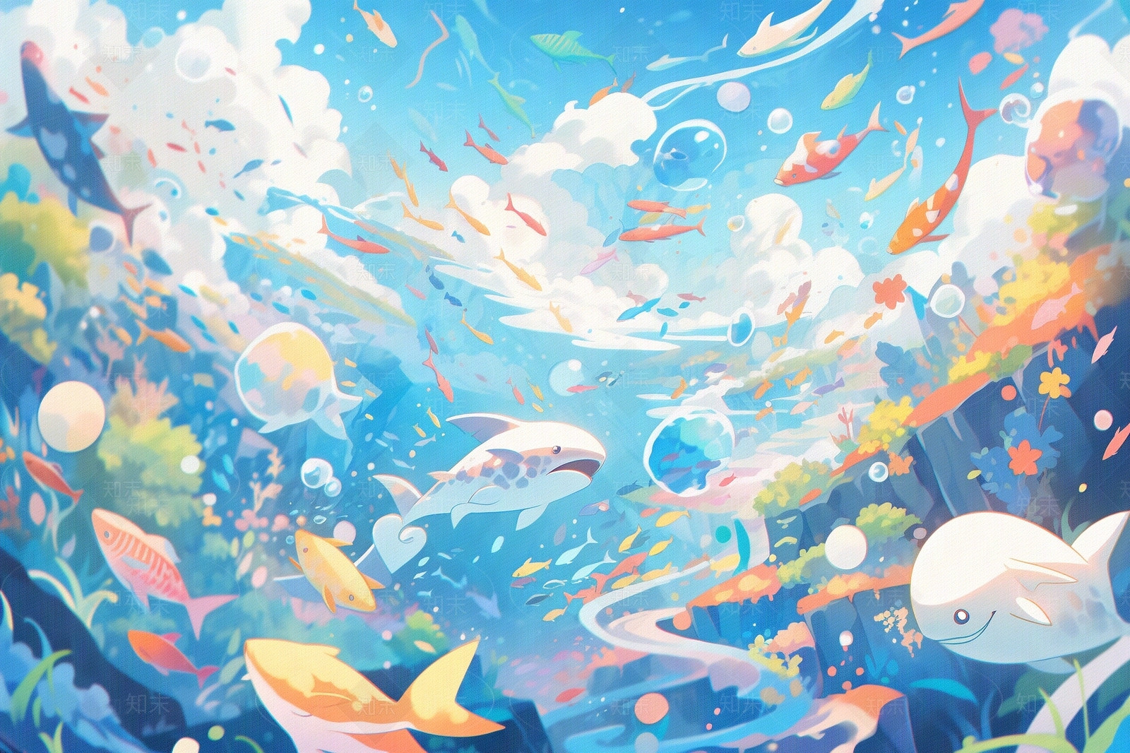 抽象小鱼海洋景观的游乐园壁画壁纸贴图下载【ID:1151943973】