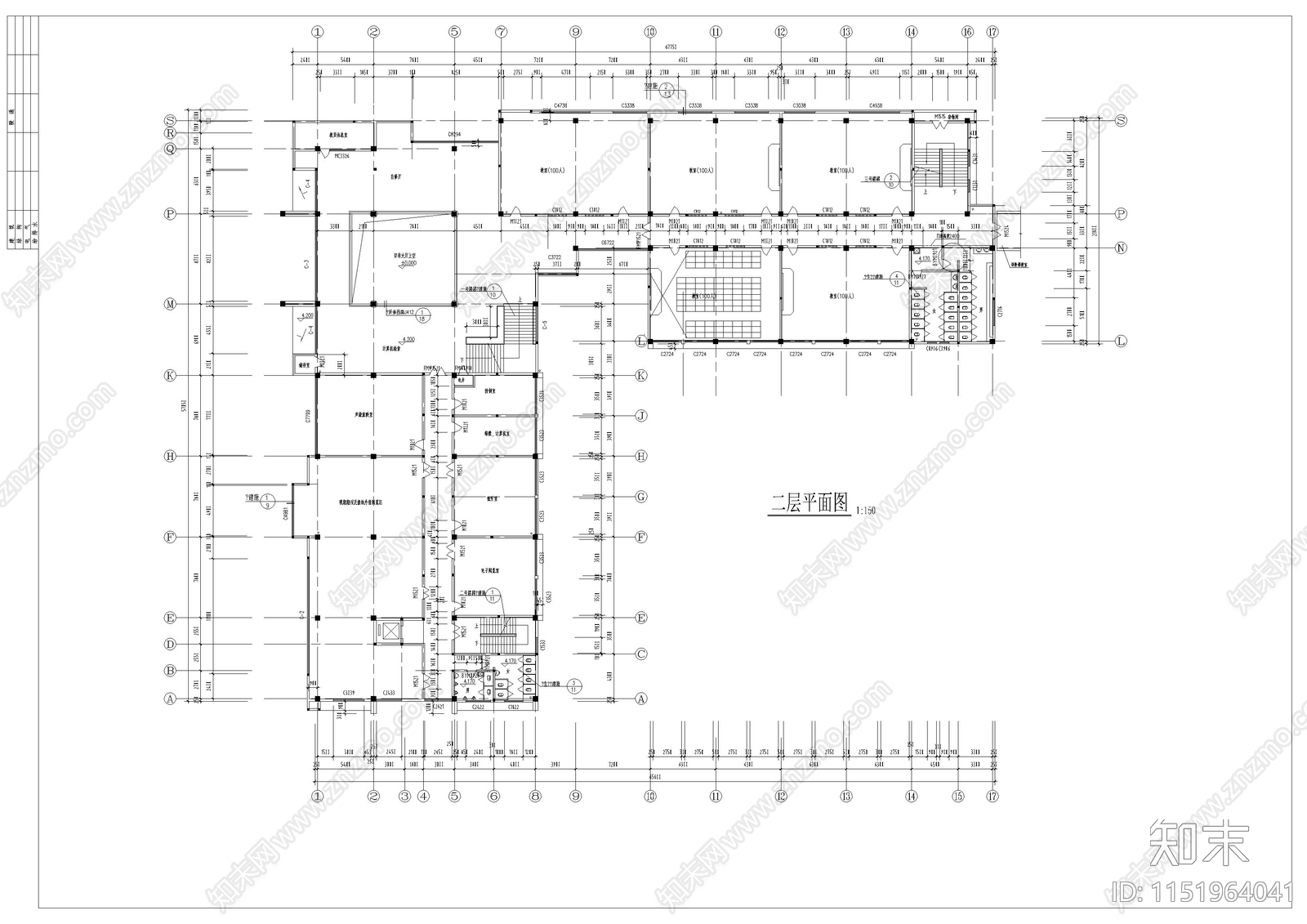 四层V型图书馆建筑cad施工图下载【ID:1151964041】