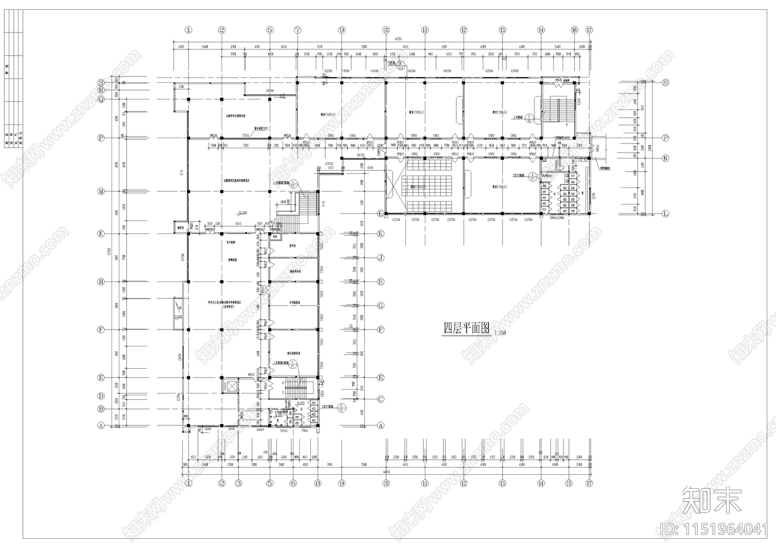 四层V型图书馆建筑cad施工图下载【ID:1151964041】