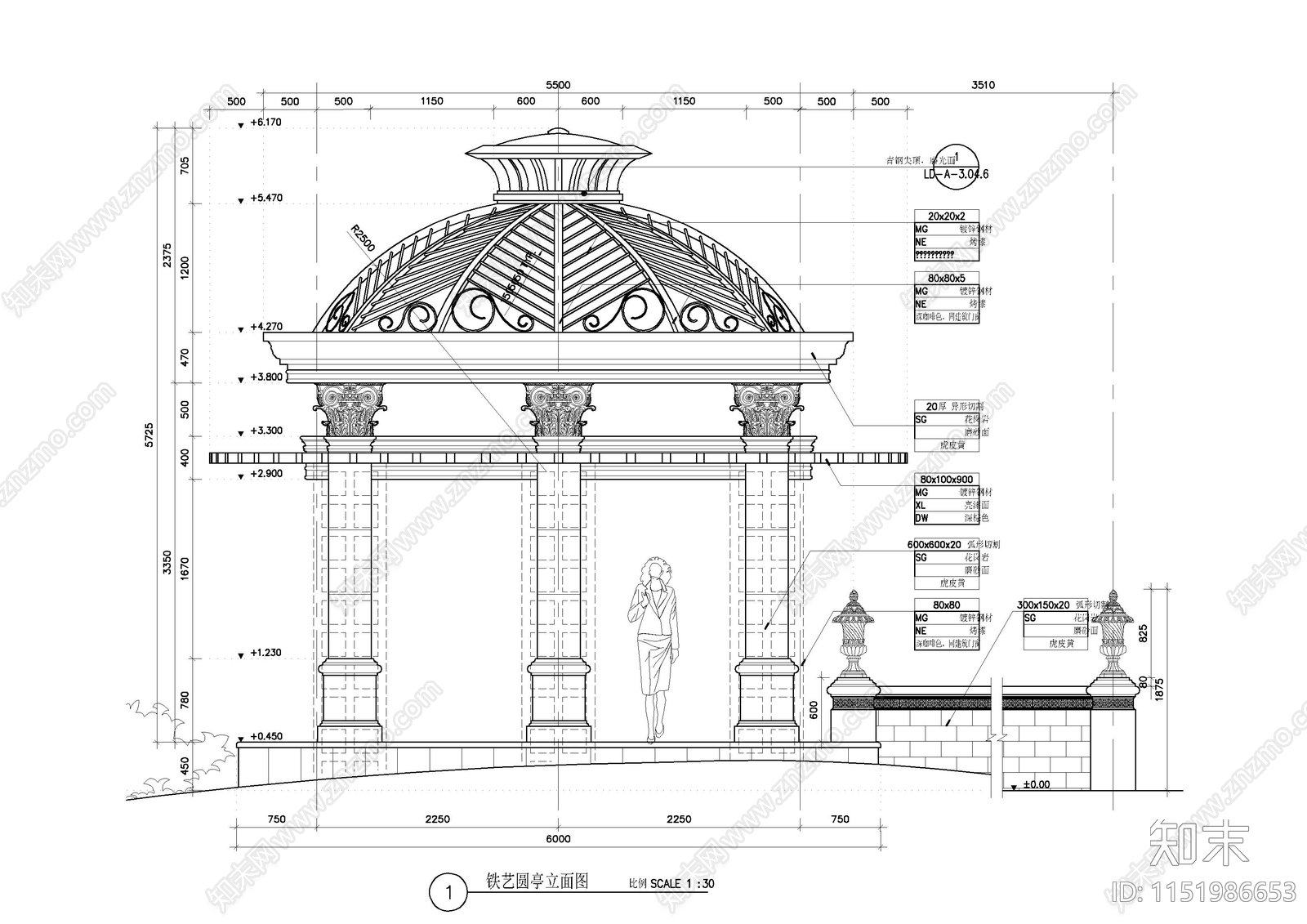 欧式圆顶景观凉亭施工图施工图下载【ID:1151986653】