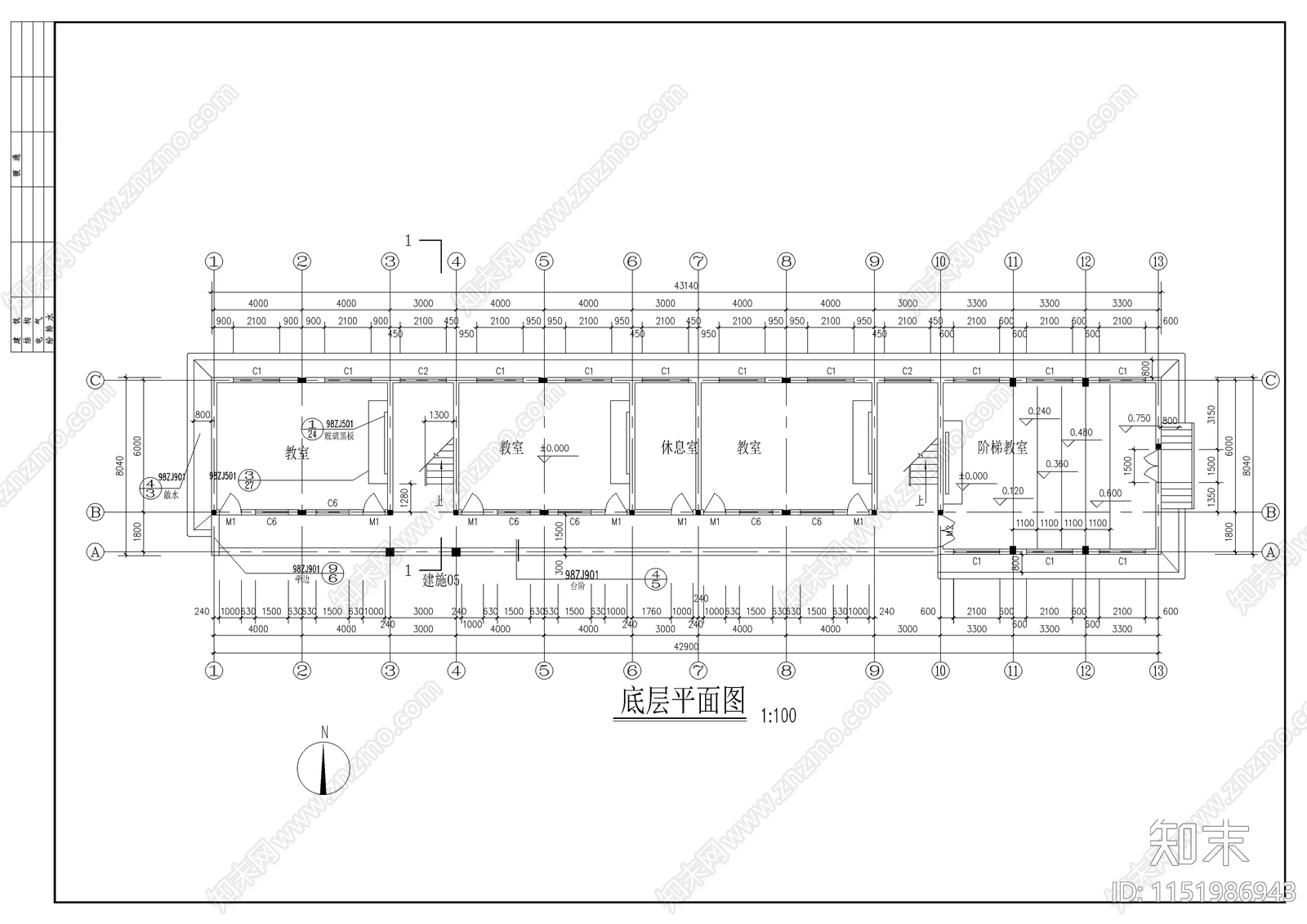 某小学教学楼施工图cad施工图下载【ID:1151986943】