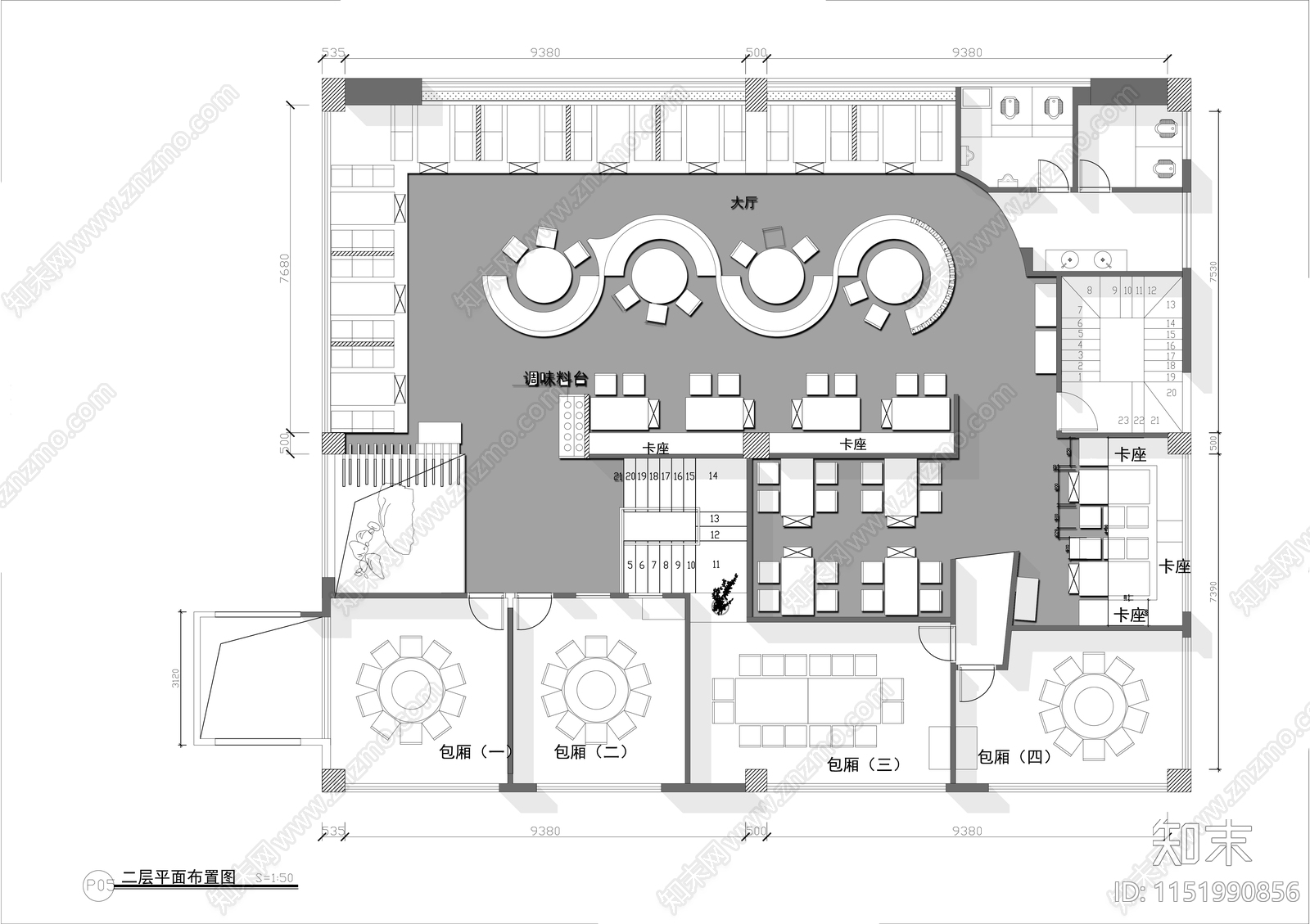 两层创意餐厅平面布局图cad施工图下载【ID:1151990856】