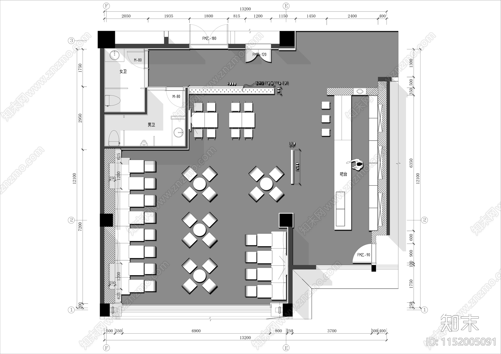 150㎡咖啡馆平面布局方案施工图下载【ID:1152005091】