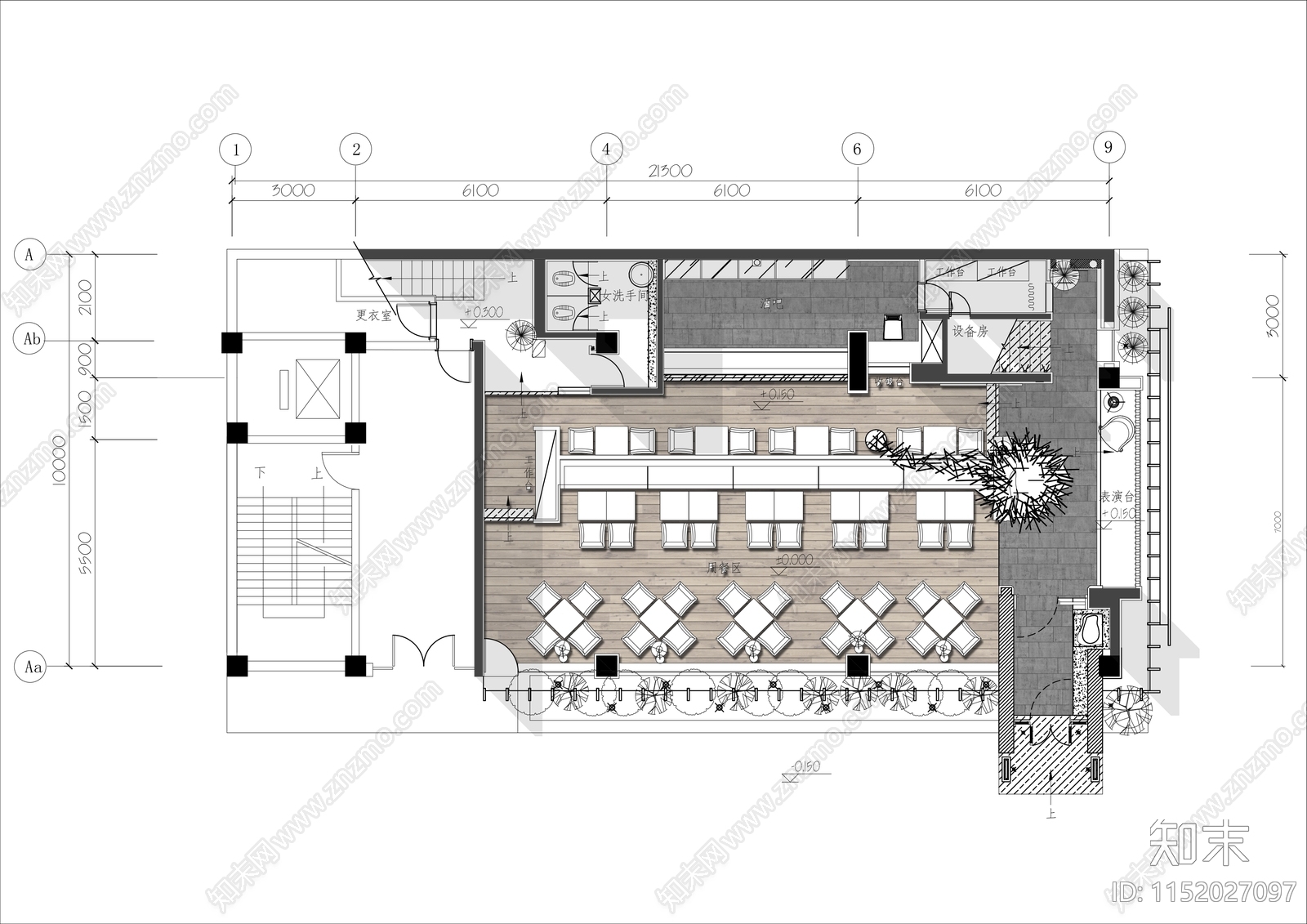 150㎡清吧餐厅平面布局图施工图下载【ID:1152027097】