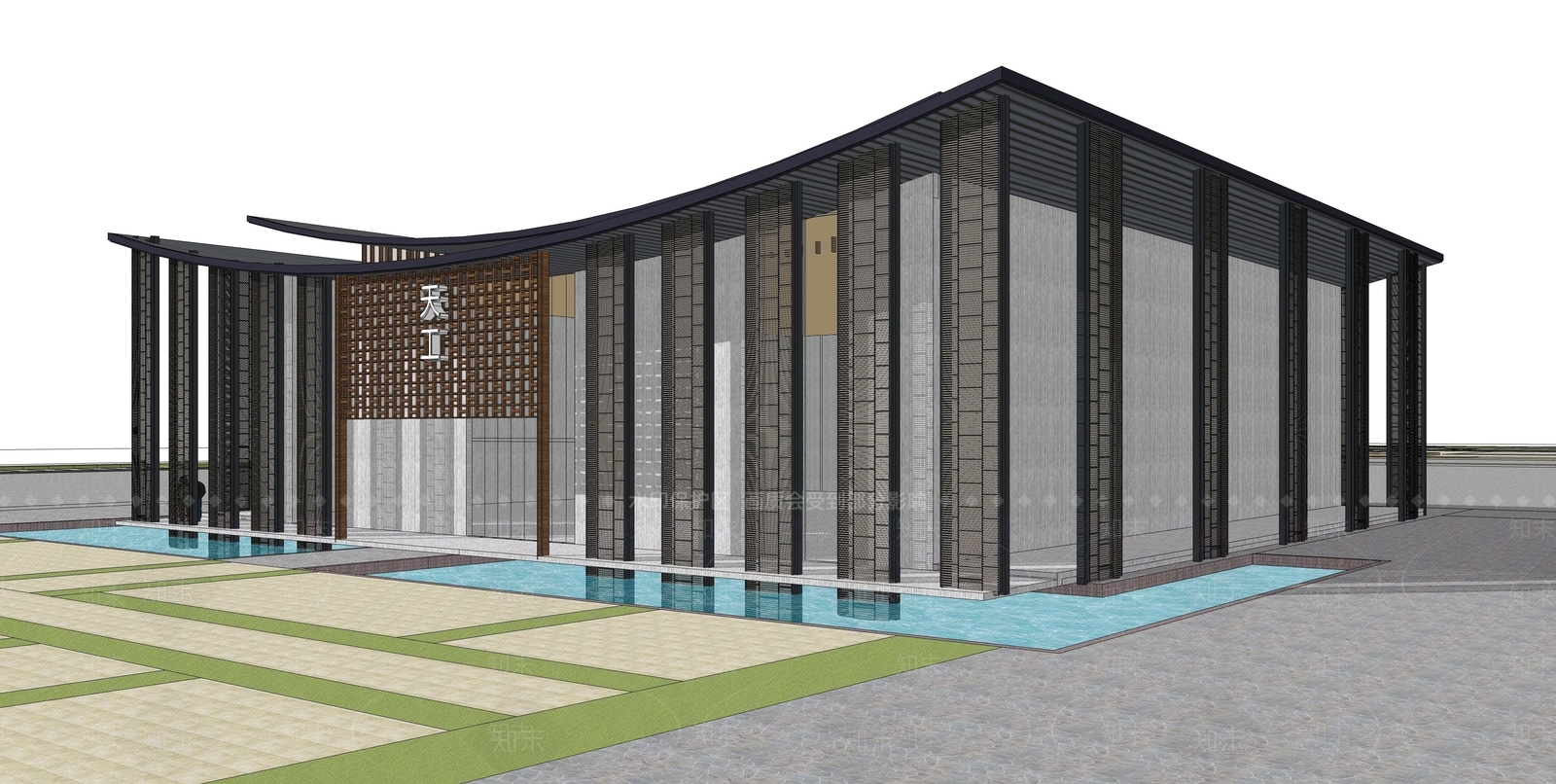 新中式展览馆建筑SU模型下载【ID:1152029730】