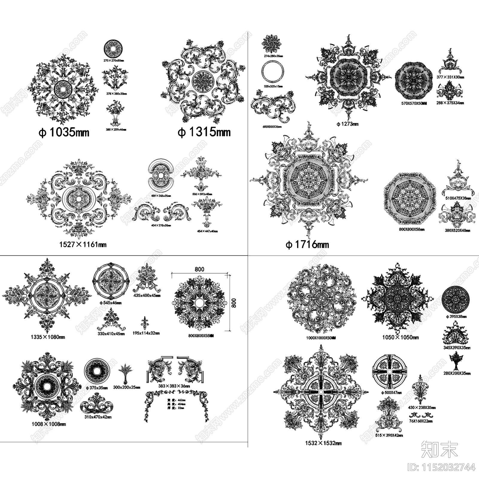 法式顶面墙面拼花灯盘模块图块图库施工图集cad施工图下载【ID:1152032744】