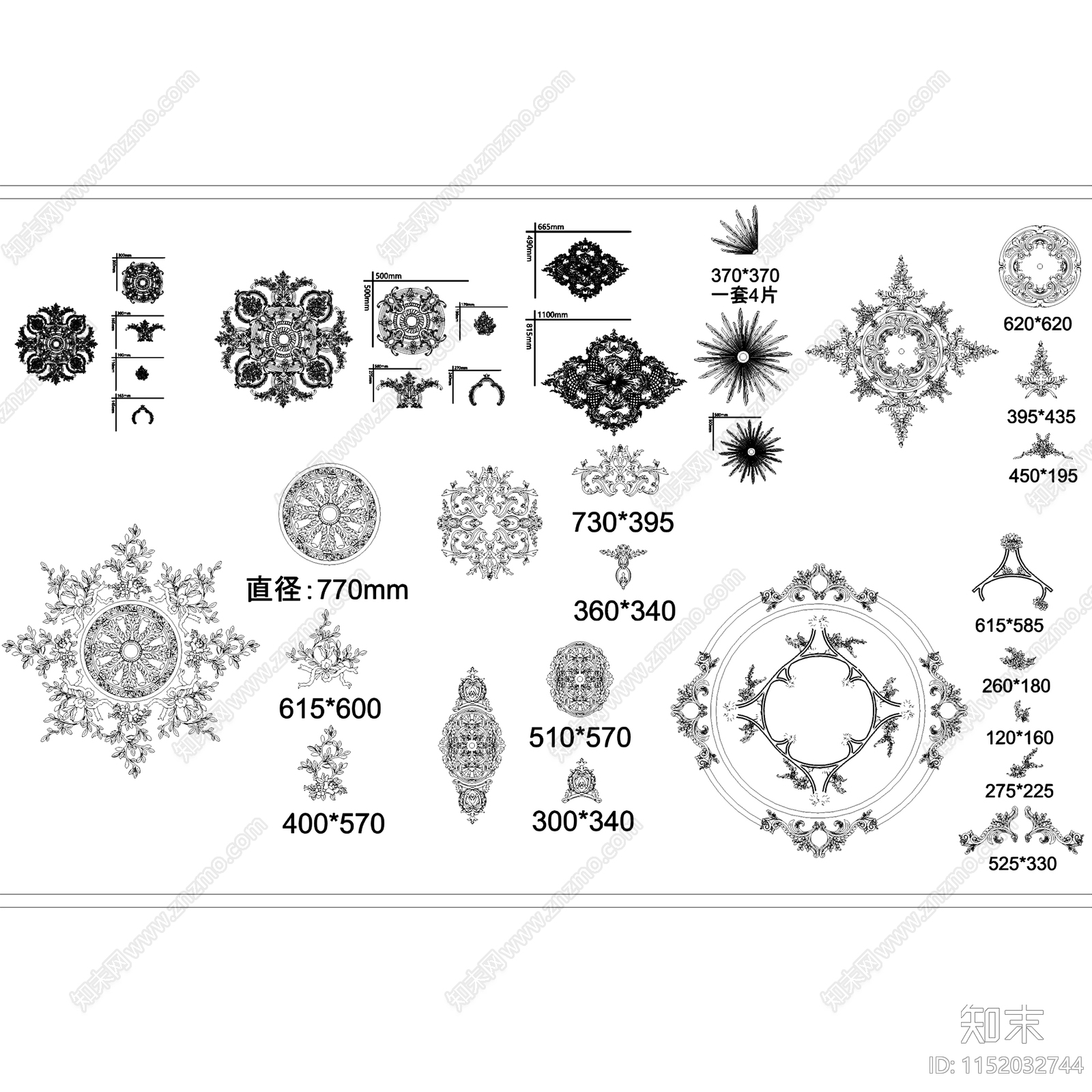 法式顶面墙面拼花灯盘模块图块图库施工图集cad施工图下载【ID:1152032744】