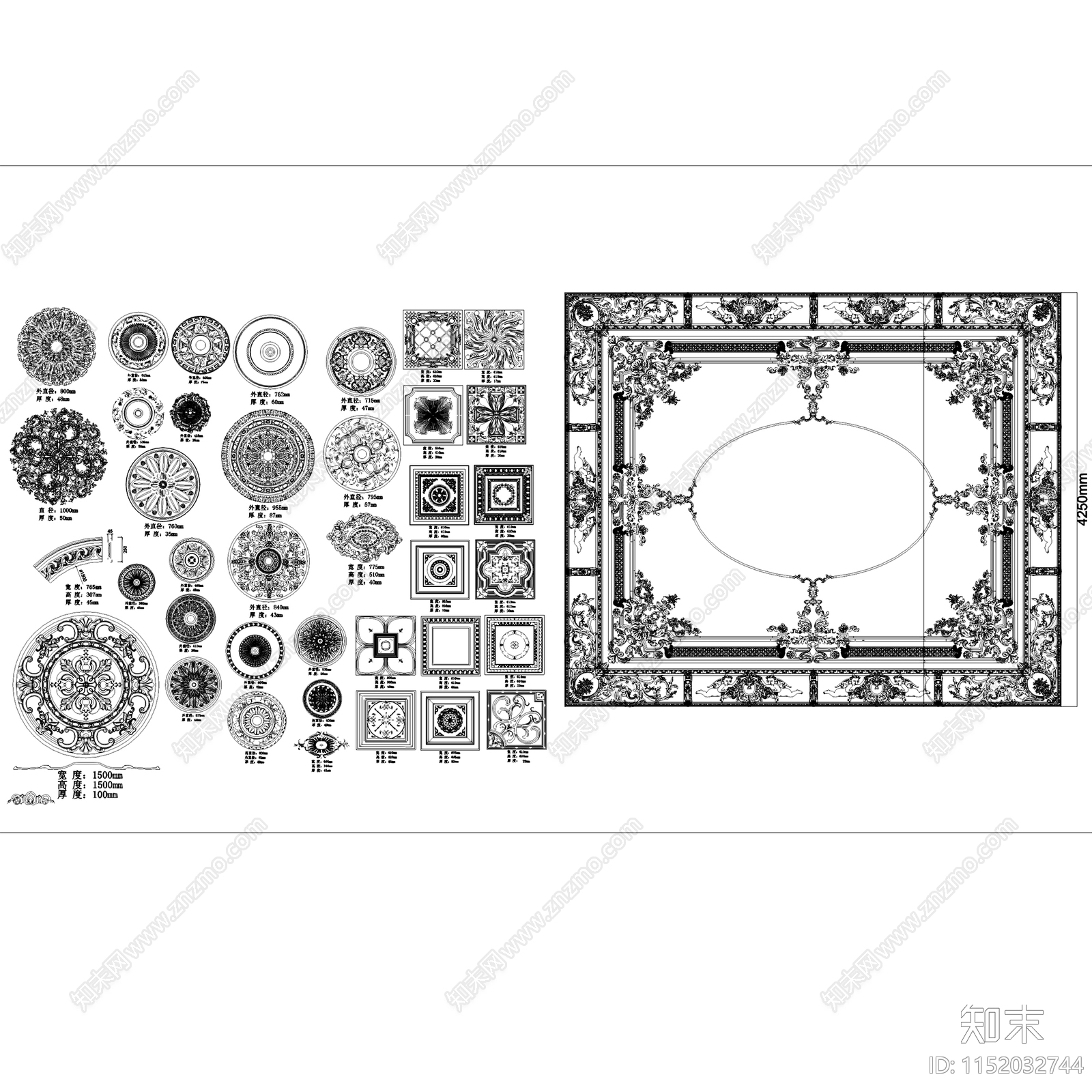 法式顶面墙面拼花灯盘模块图块图库施工图集cad施工图下载【ID:1152032744】