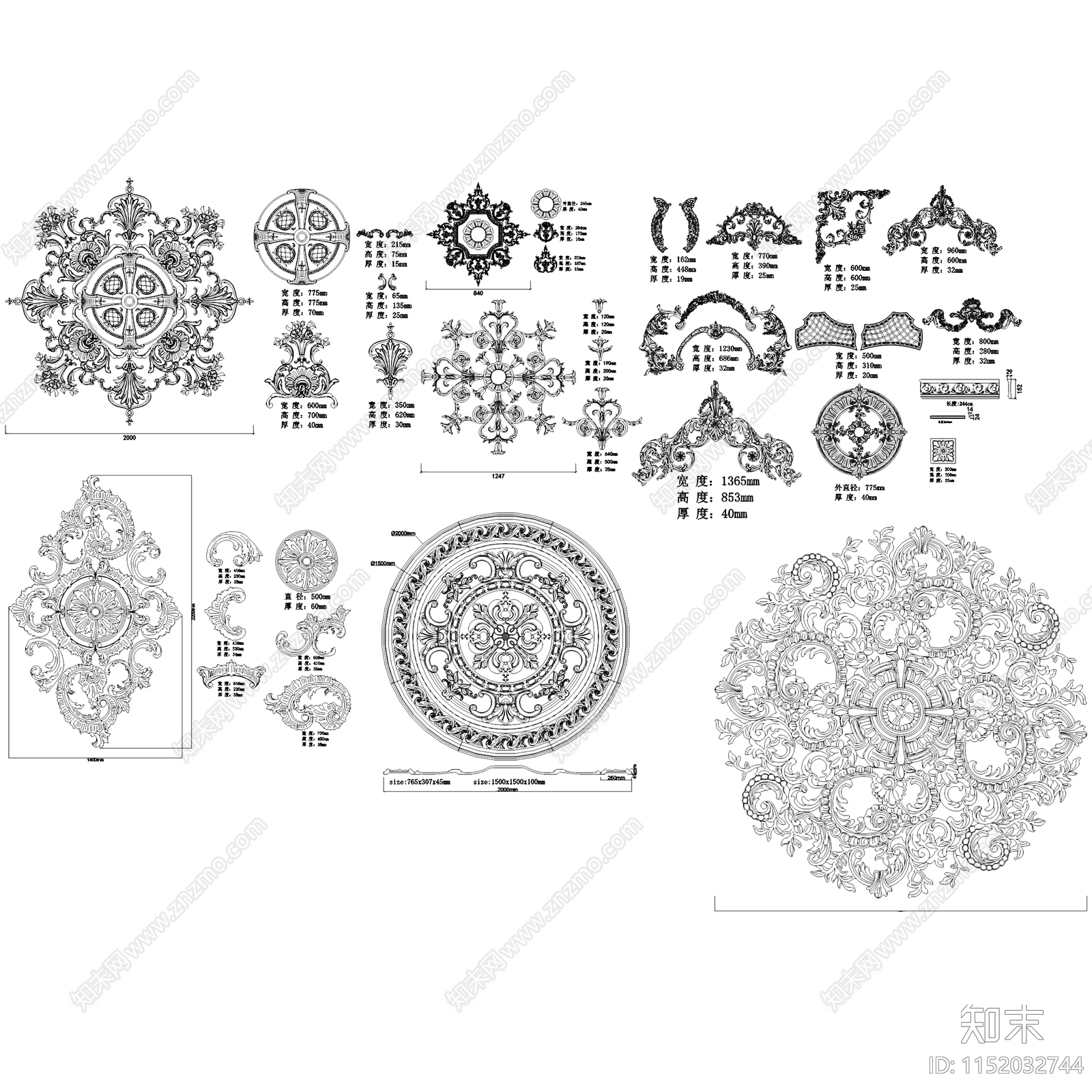 法式顶面墙面拼花灯盘模块图块图库施工图集cad施工图下载【ID:1152032744】