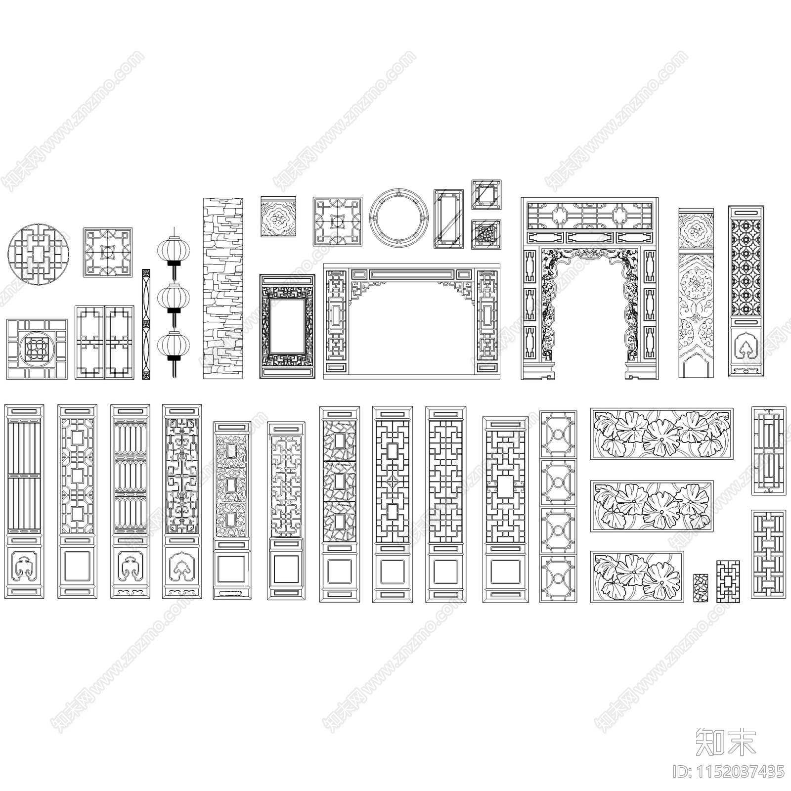 中式古典明清家具门窗雕花装饰画图块图库集施工图下载【ID:1152037435】