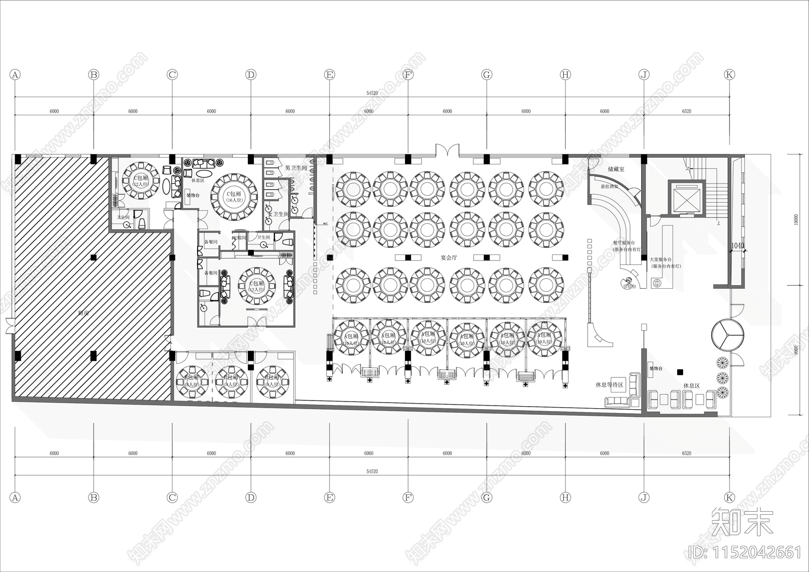 1000㎡中式餐厅平面布局图cad施工图下载【ID:1152042661】