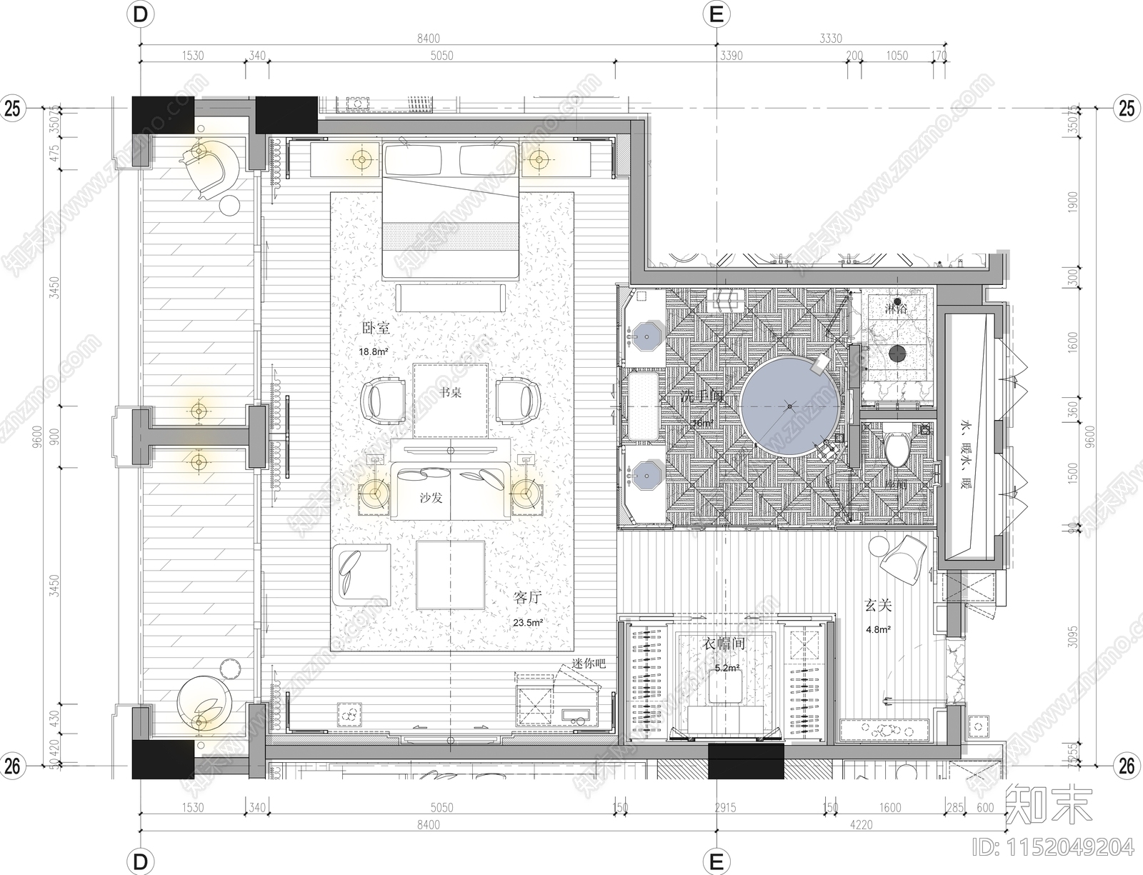 93㎡标准酒店套房cad施工图下载【ID:1152049204】
