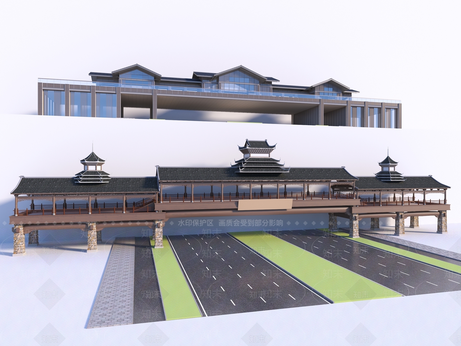新中式天桥SU模型下载【ID:1152045288】