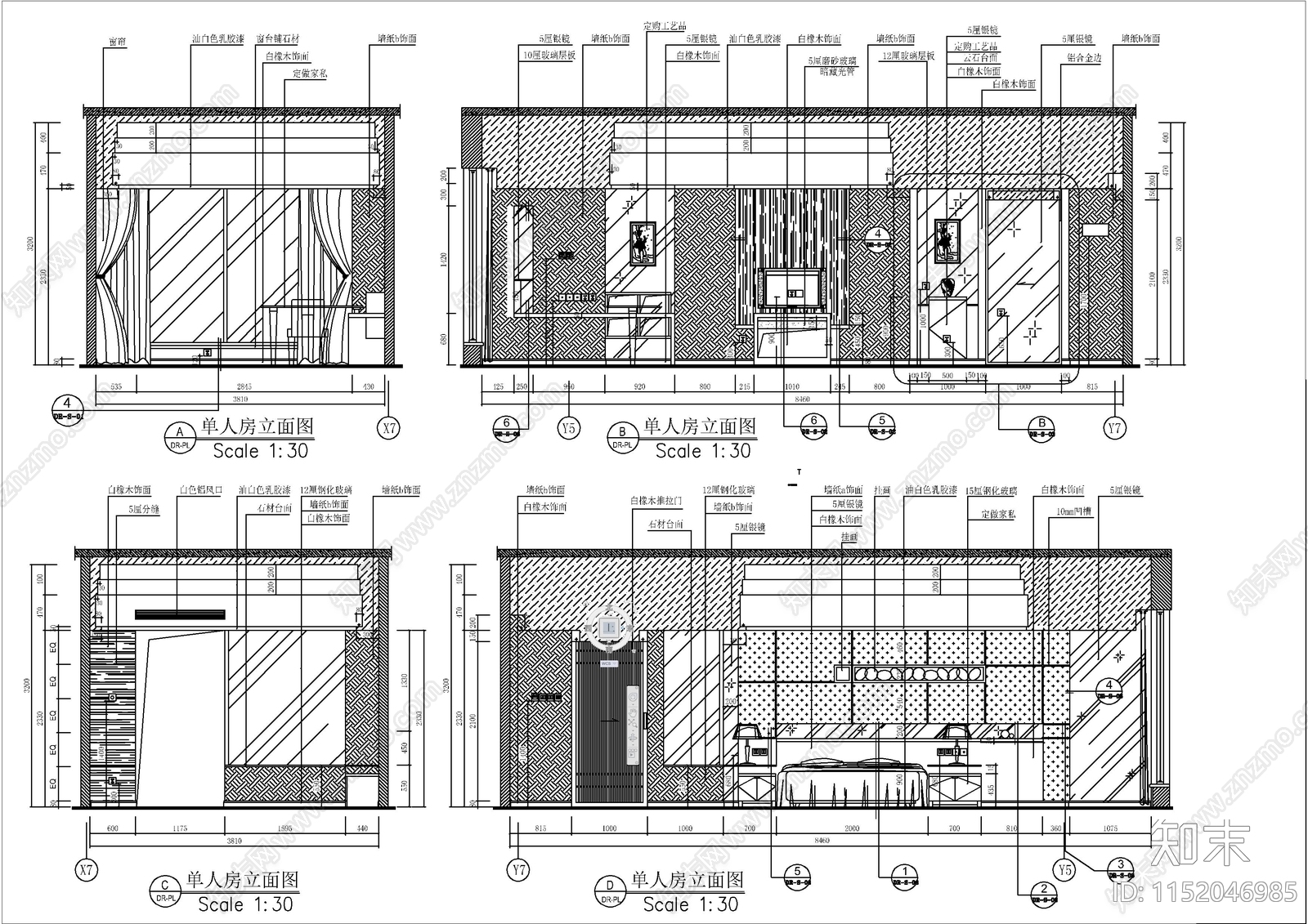五星酒店标准单人房立面详图cad施工图下载【ID:1152046985】