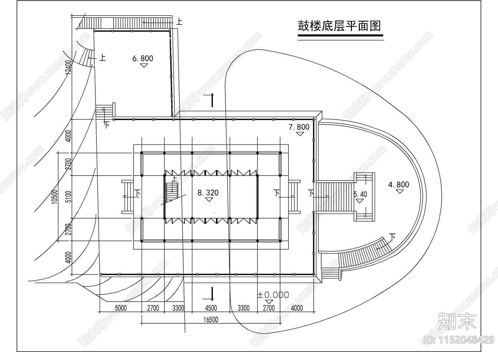 鼓楼仿古建筑设计图cad施工图下载【ID:1152048429】