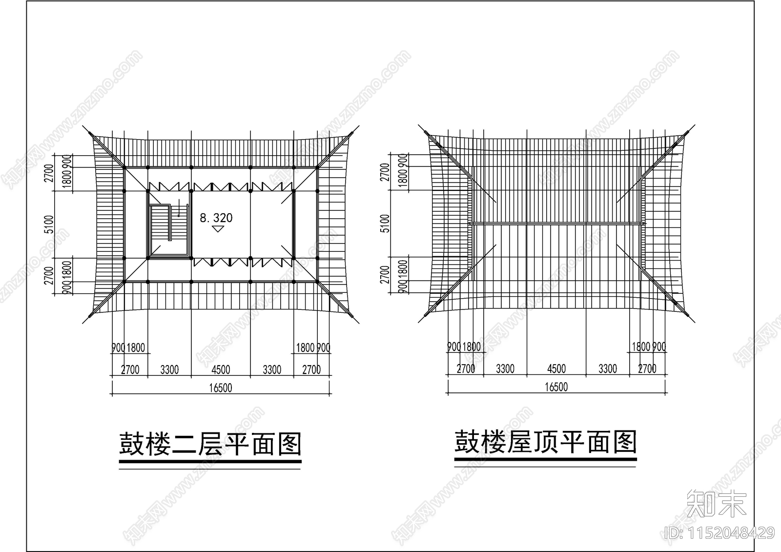 鼓楼仿古建筑设计图cad施工图下载【ID:1152048429】