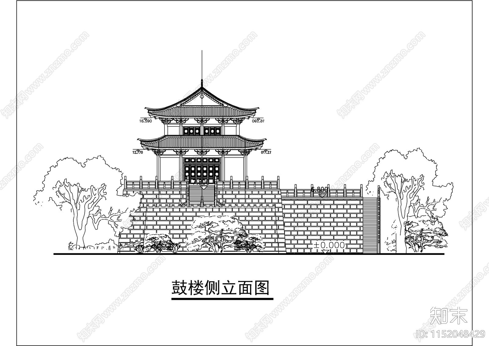 鼓楼仿古建筑设计图cad施工图下载【ID:1152048429】