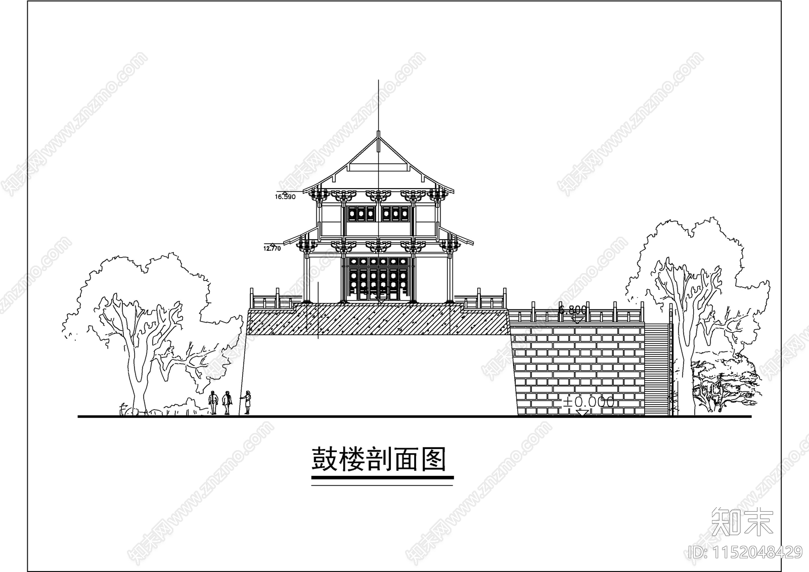 鼓楼仿古建筑设计图cad施工图下载【ID:1152048429】