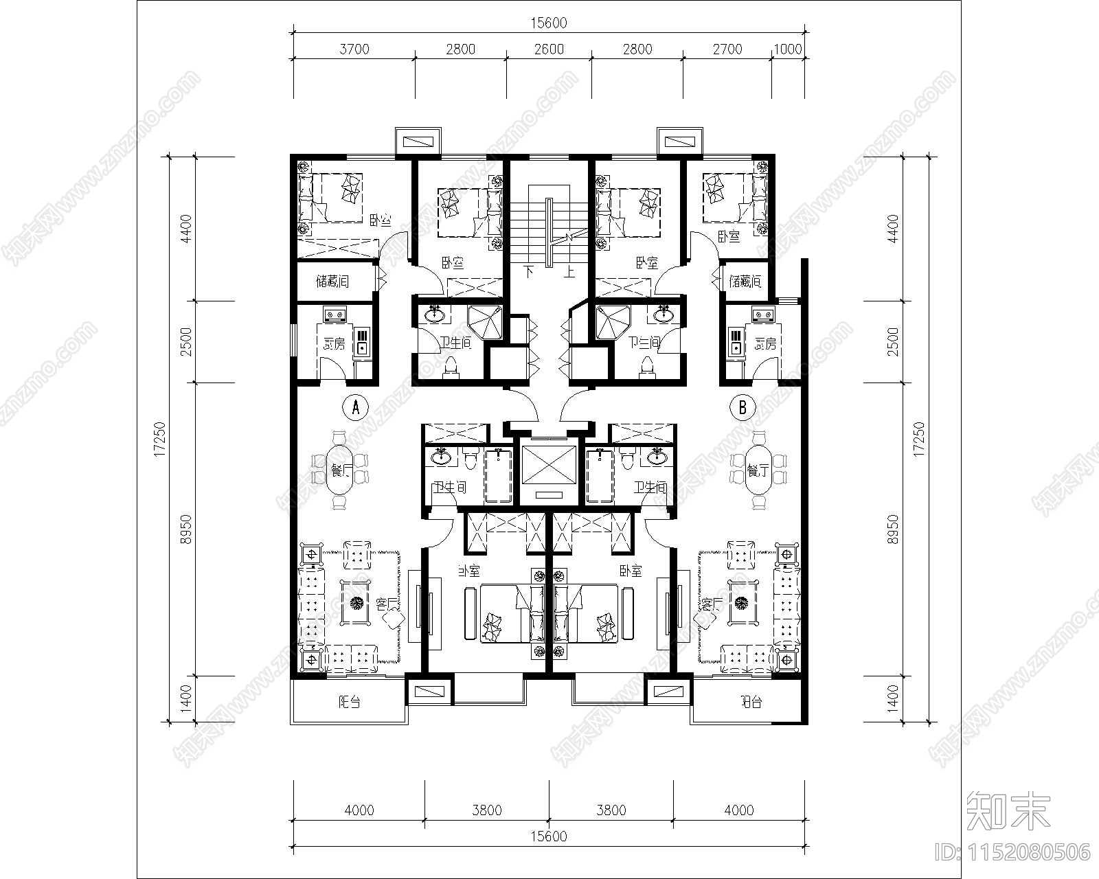 现代住宅一梯两户cad施工图下载【ID:1152080506】