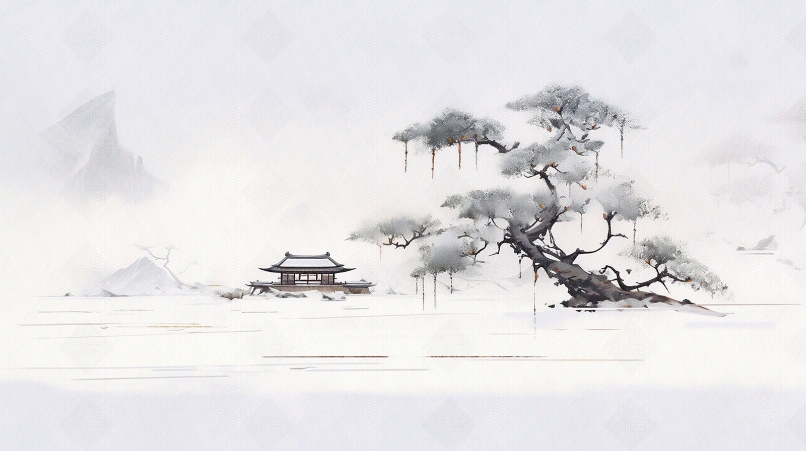 古松与古建筑水墨风山水画壁画贴图下载【ID:1152106896】