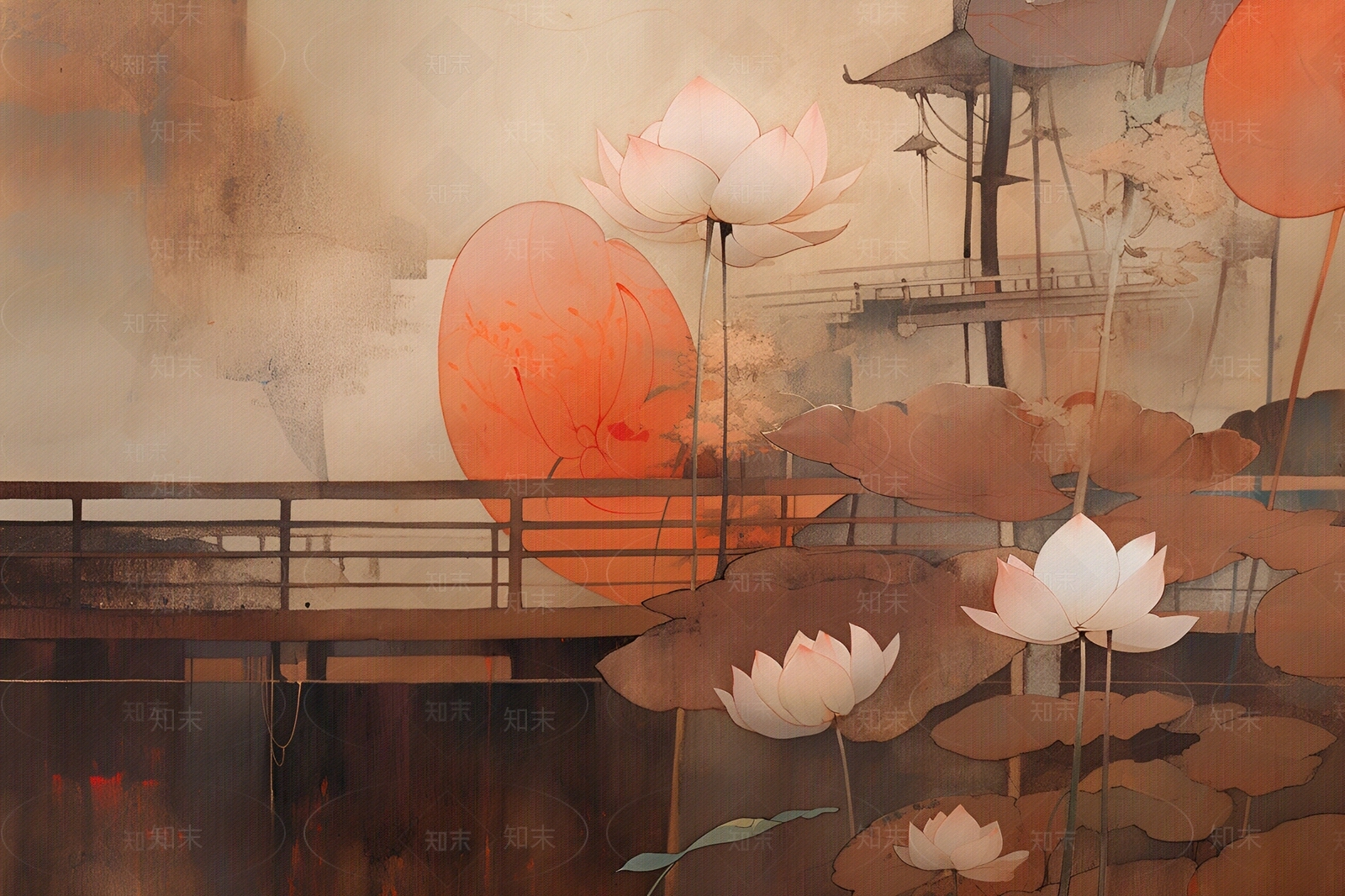 中式禅意荷塘壁纸壁画贴图下载【ID:1152108275】
