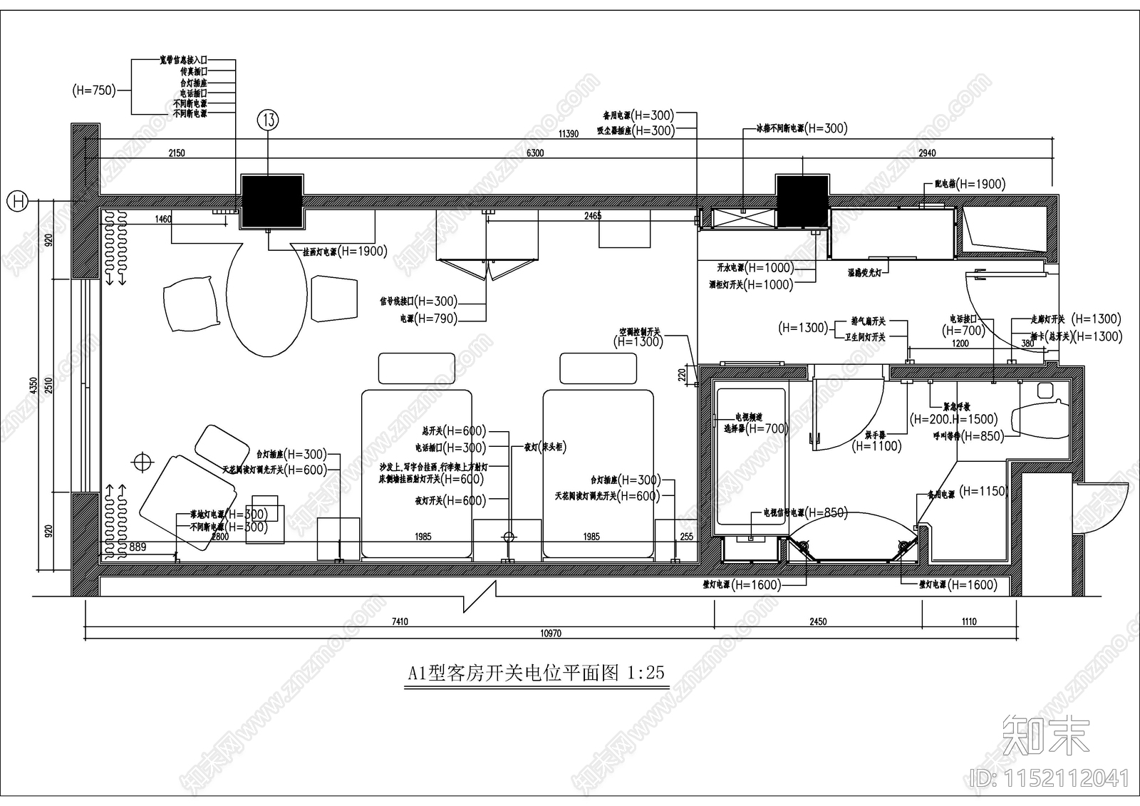 某星级大酒店标准客房样板间装修图cad施工图下载【ID:1152112041】