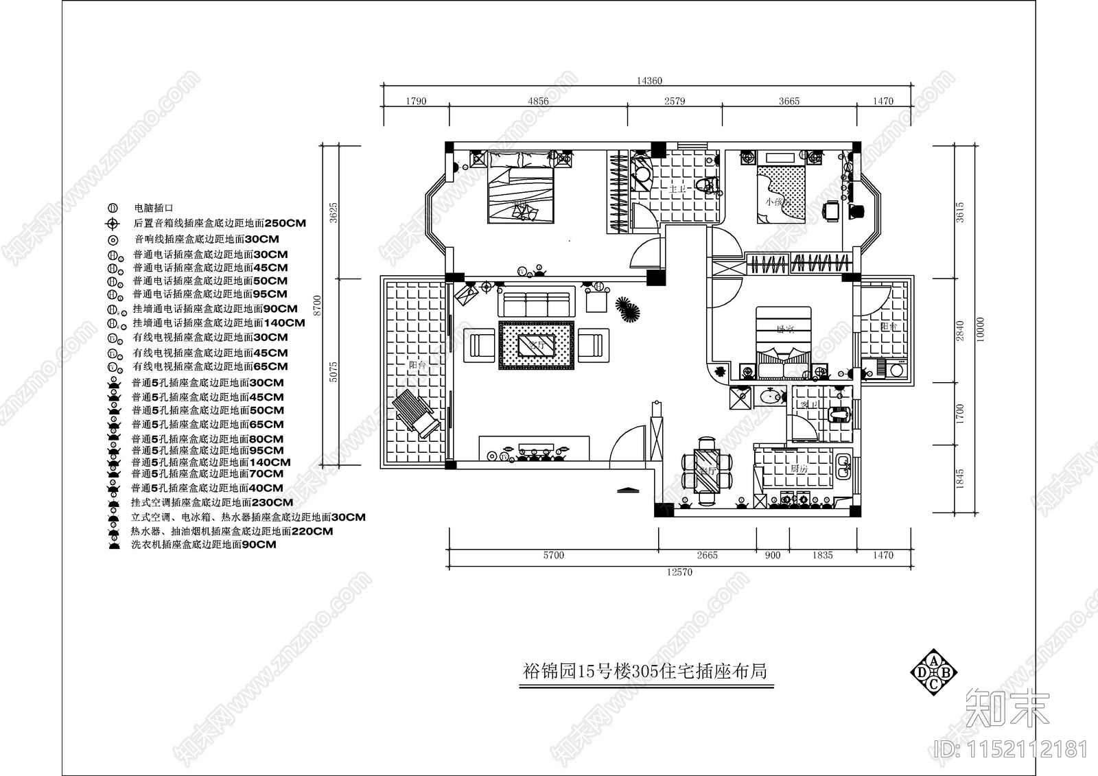裕锦园家装样板间家居装修图cad施工图下载【ID:1152112181】