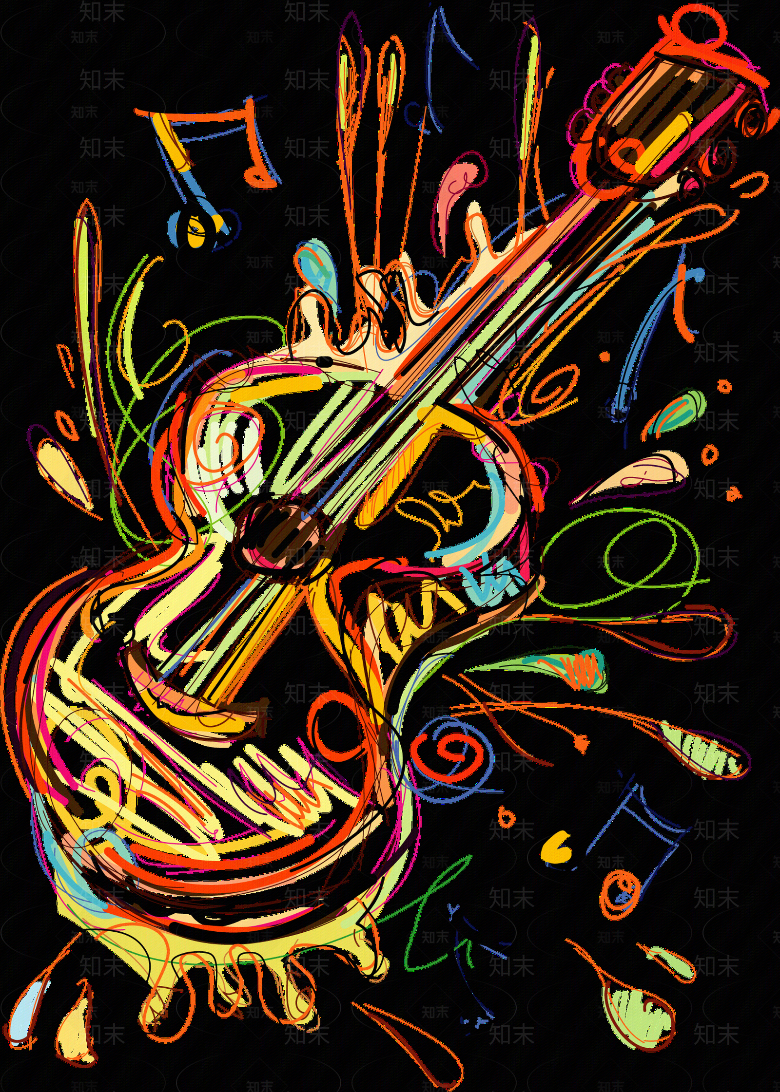 吉他涂鸦手绘壁画贴图下载【ID:1152115751】