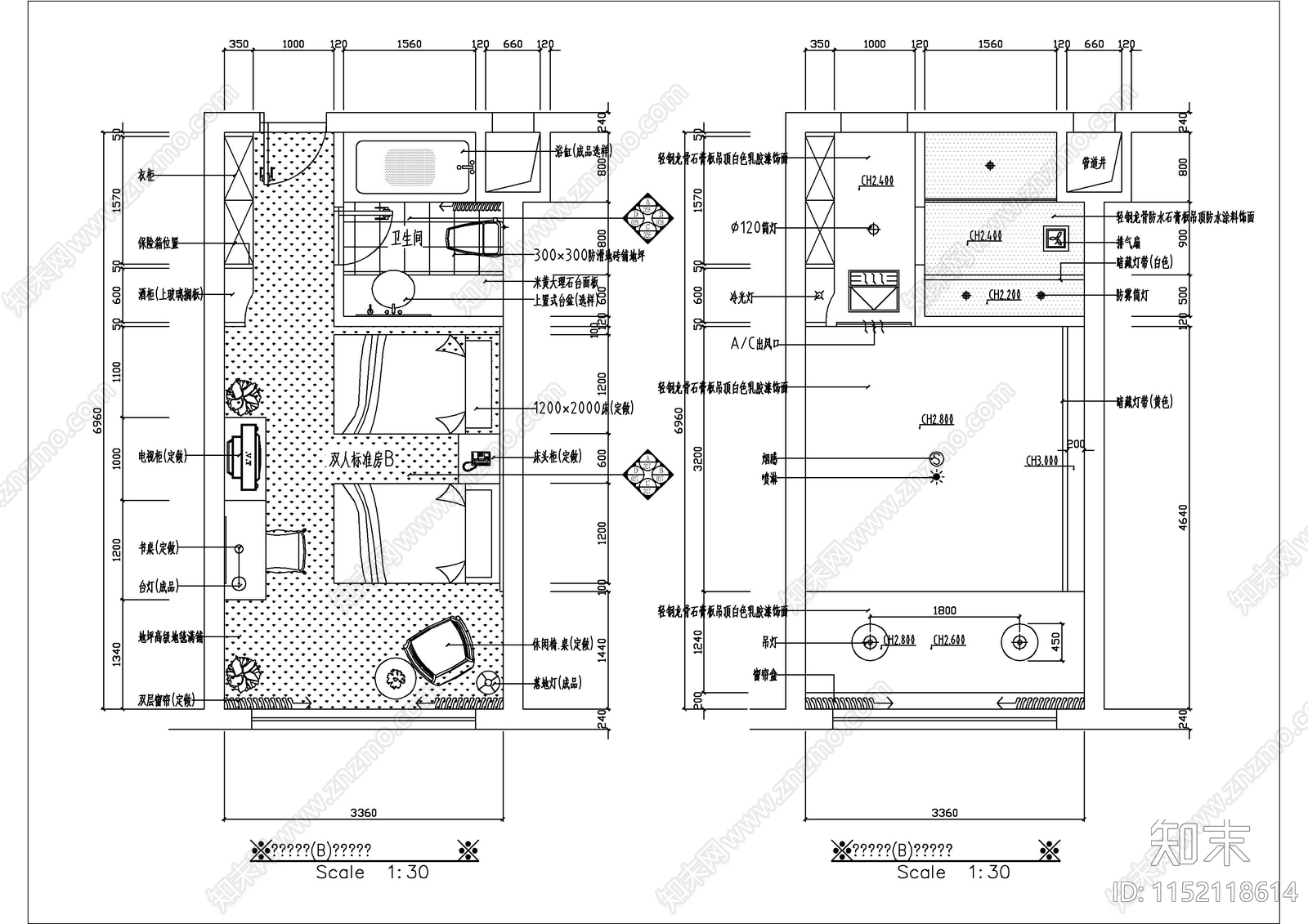 五星酒店双人标房室内cad施工图下载【ID:1152118614】