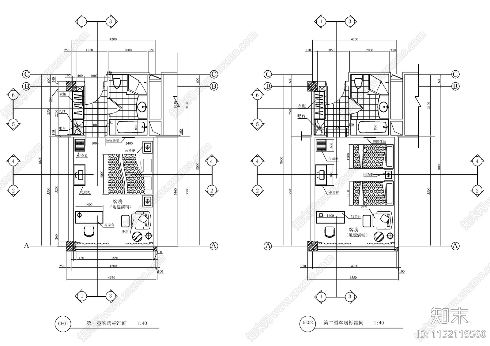 酒店客房建筑图cad施工图下载【ID:1152119560】
