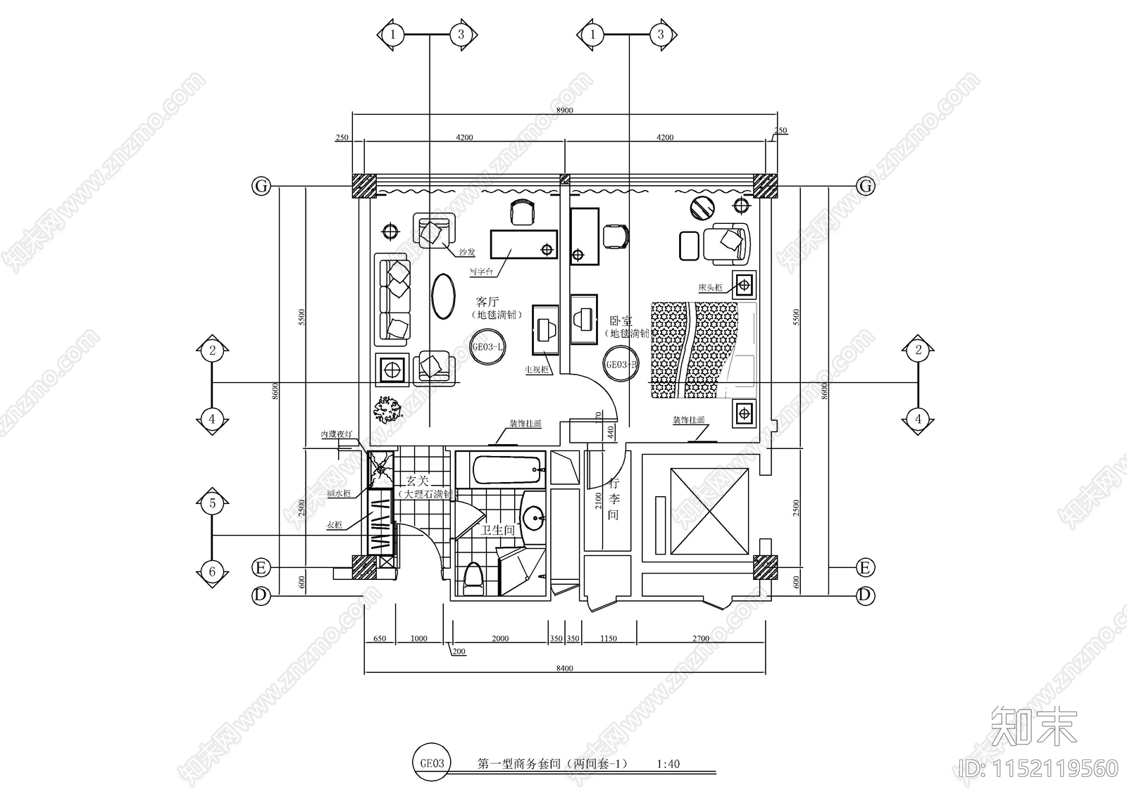 酒店客房建筑图cad施工图下载【ID:1152119560】