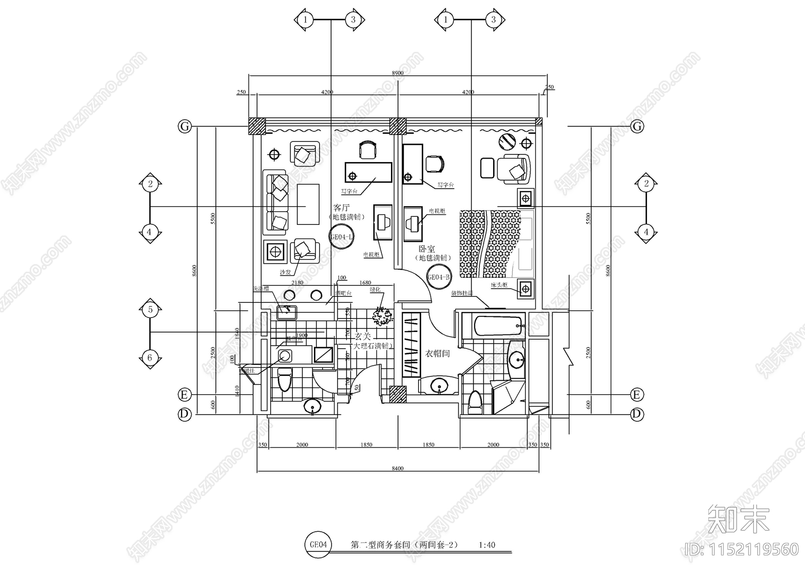 酒店客房建筑图cad施工图下载【ID:1152119560】