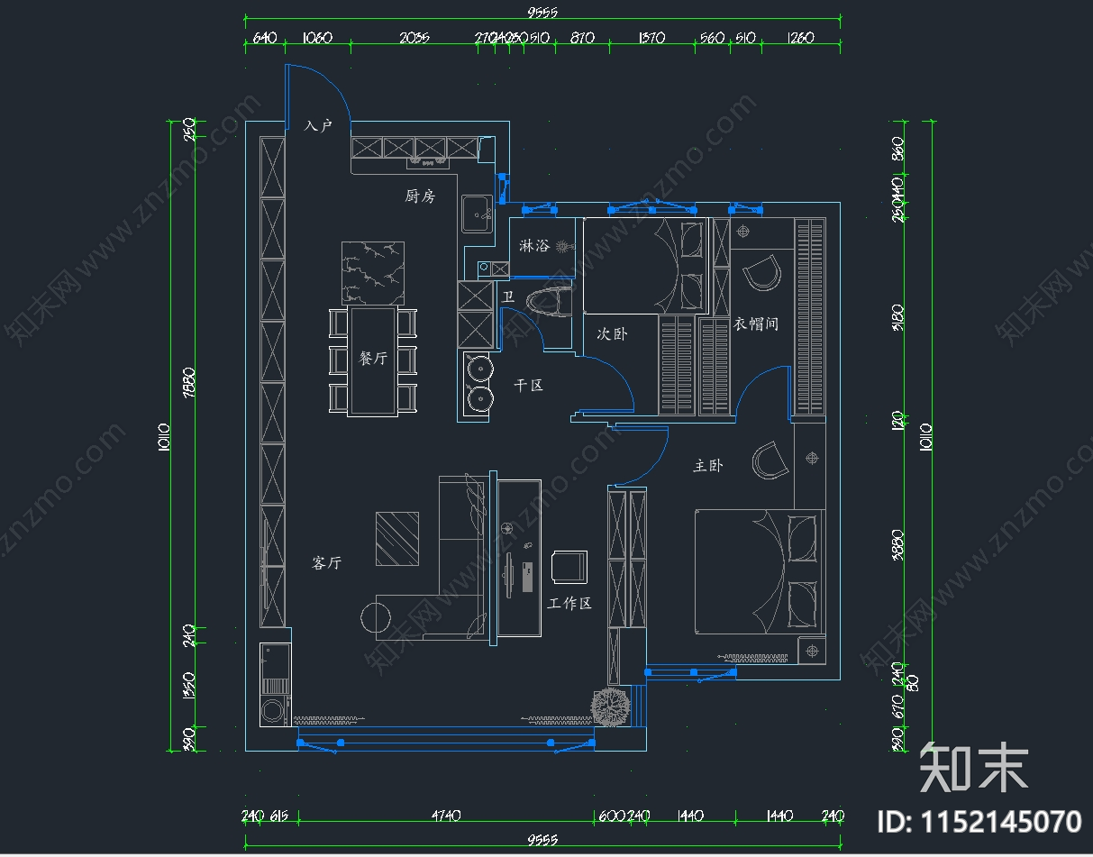 二室一厅平面布置图施工图下载【ID:1152145070】