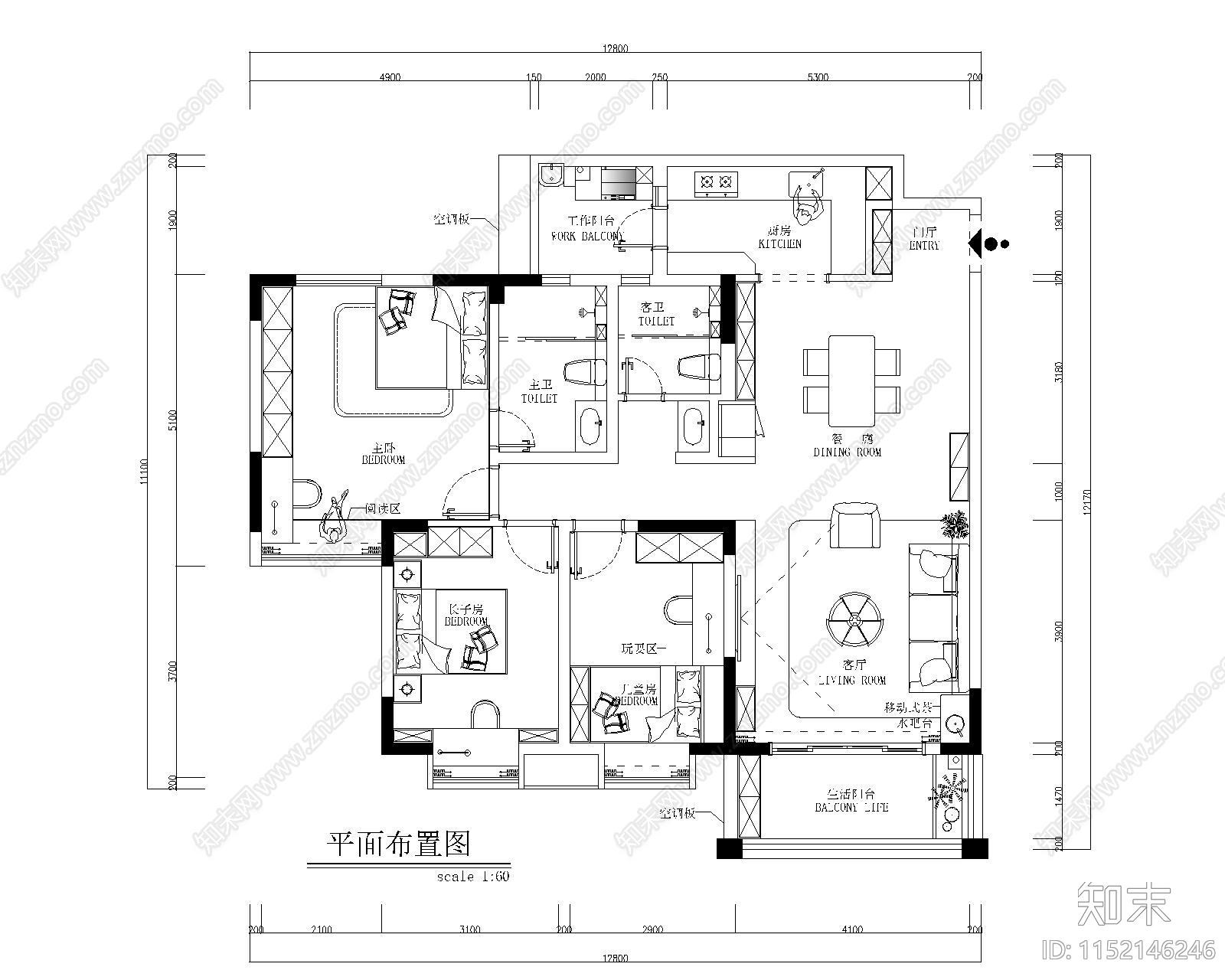 125m²家装住宅平面布局cad施工图下载【ID:1152146246】