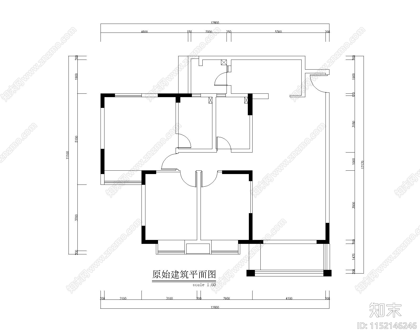 125m²家装住宅平面布局cad施工图下载【ID:1152146246】