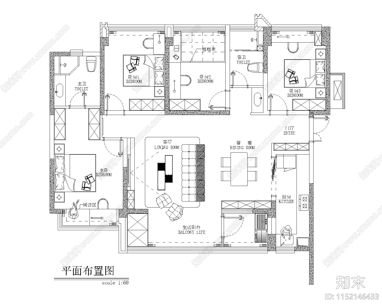 120m²家装住宅平面布局cad施工图下载【ID:1152146433】