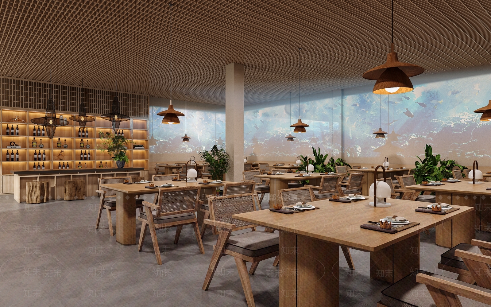 现代原木风音乐餐厅3D模型下载【ID:1152148656】