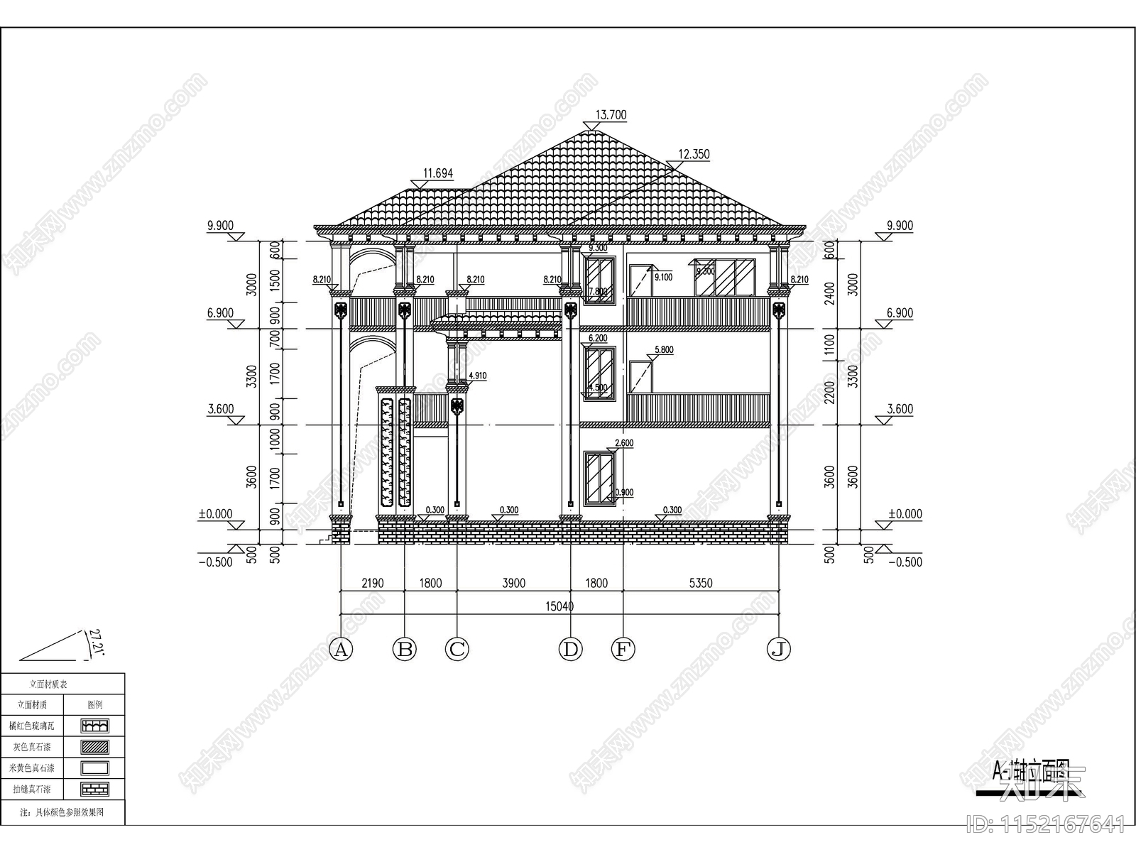 欧式三层独栋别墅建筑施工图下载【ID:1152167641】