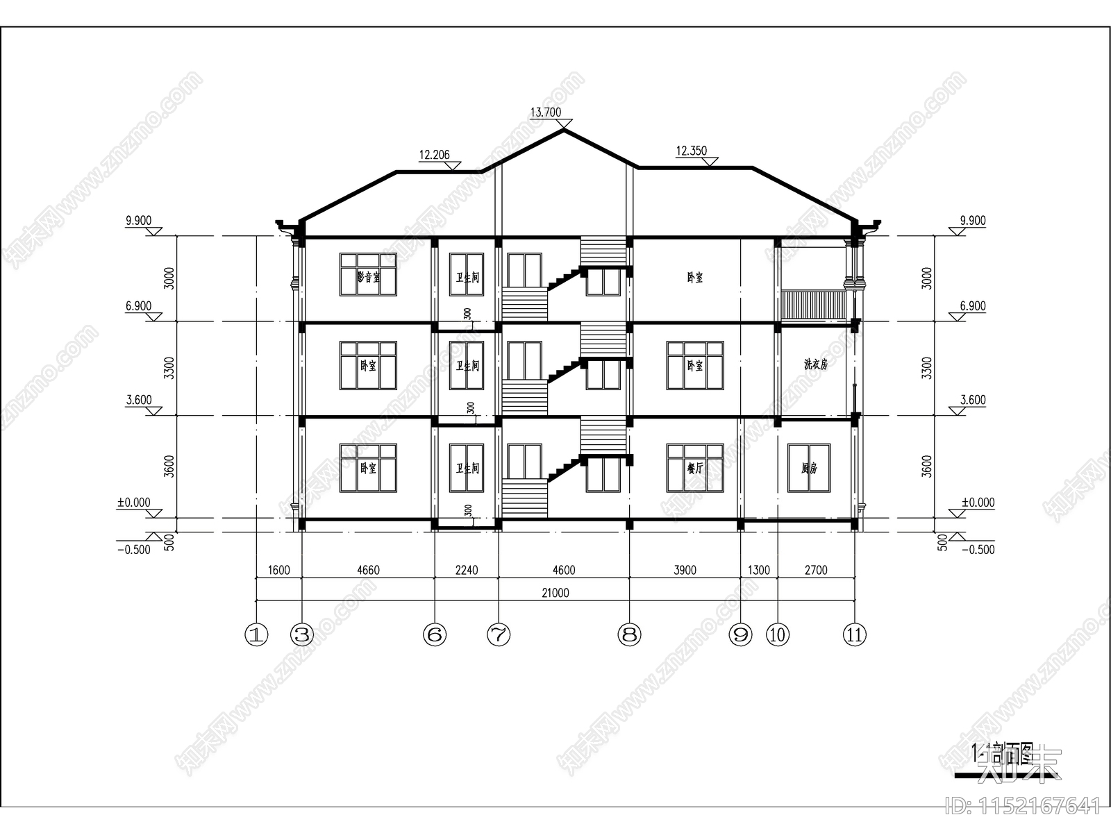 欧式三层独栋别墅建筑施工图下载【ID:1152167641】