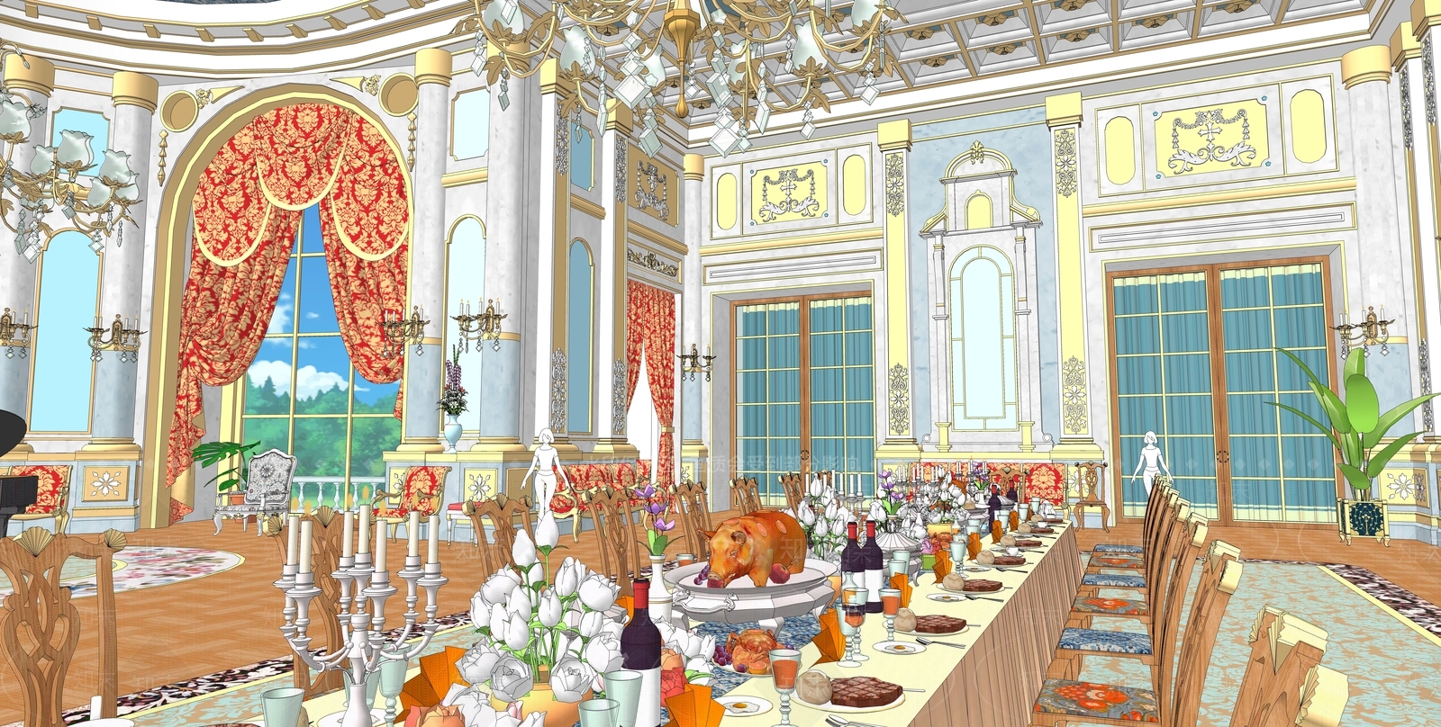 欧式秘密花园豪宅餐厅SU模型下载【ID:1152161289】