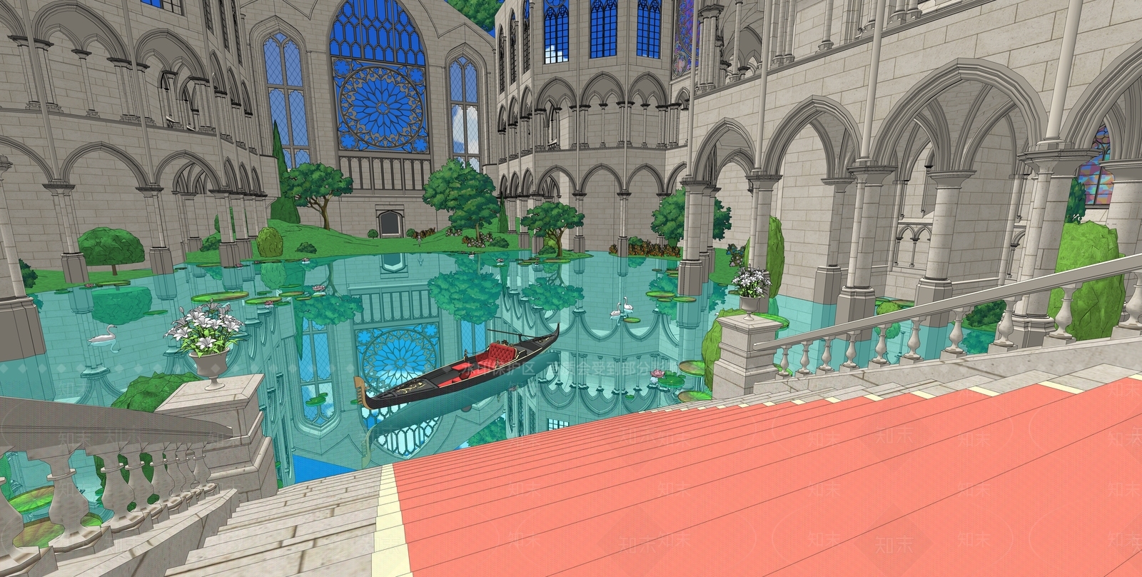 欧式秘密花园水景景观SU模型下载【ID:1152162675】