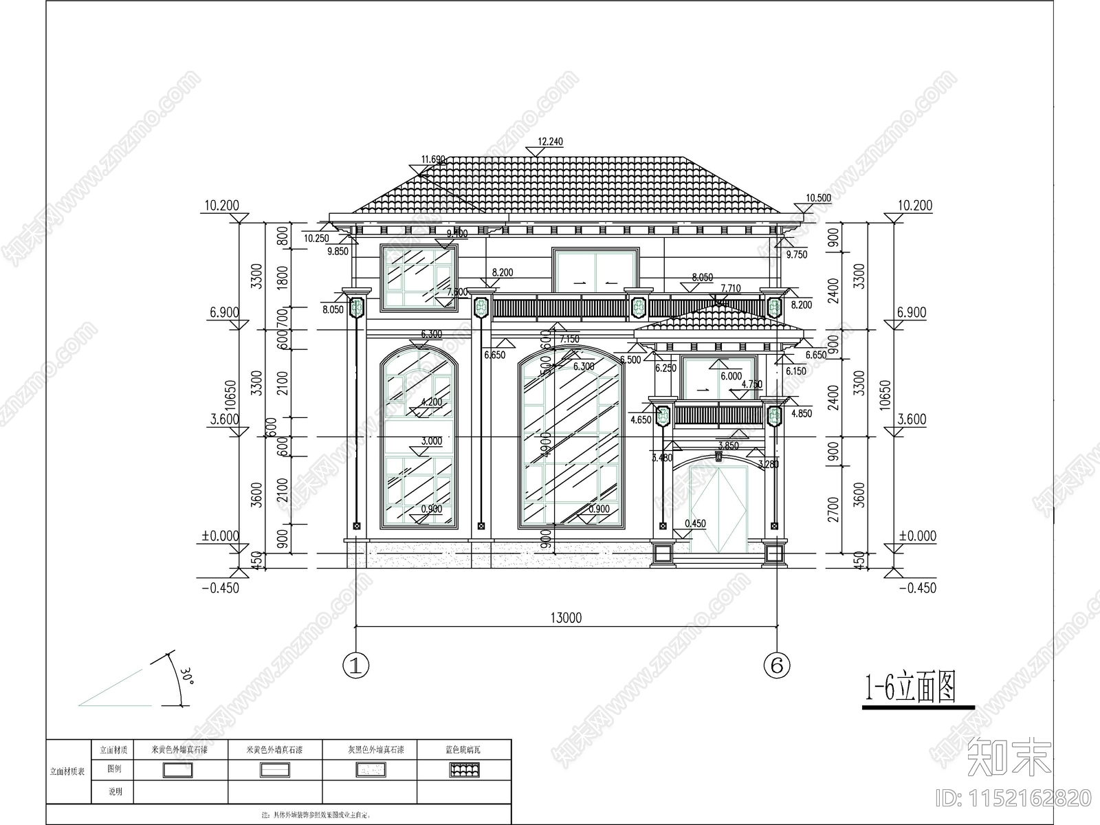 欧式三层独栋别墅建筑cad施工图下载【ID:1152162820】