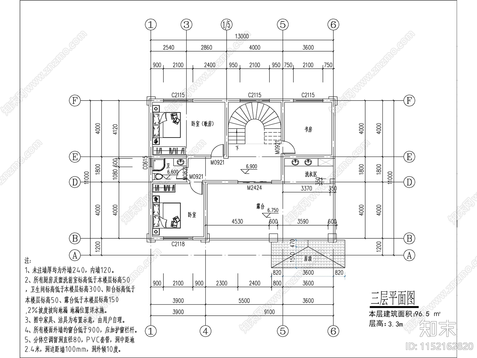 欧式三层独栋别墅建筑cad施工图下载【ID:1152162820】