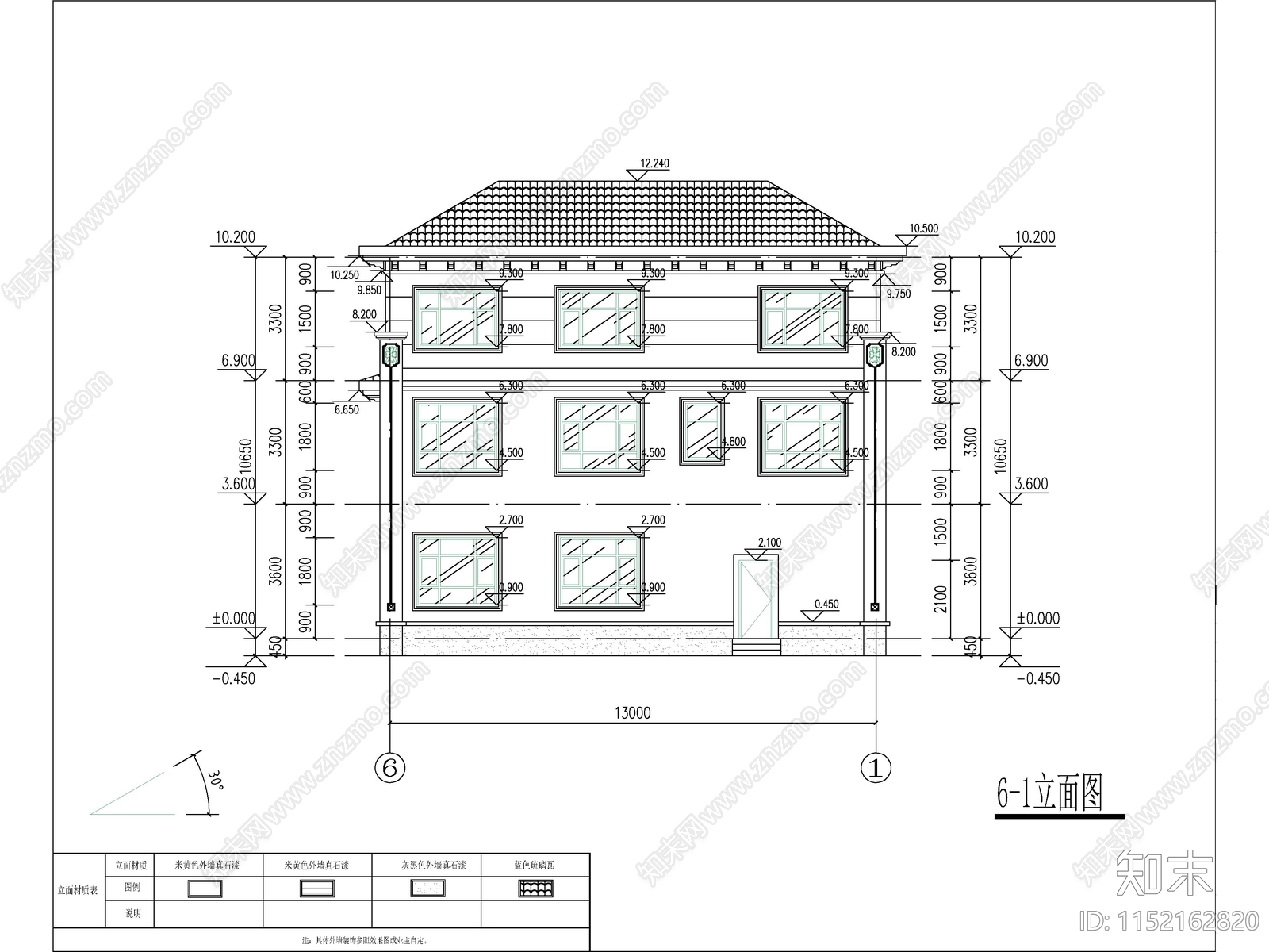 欧式三层独栋别墅建筑cad施工图下载【ID:1152162820】