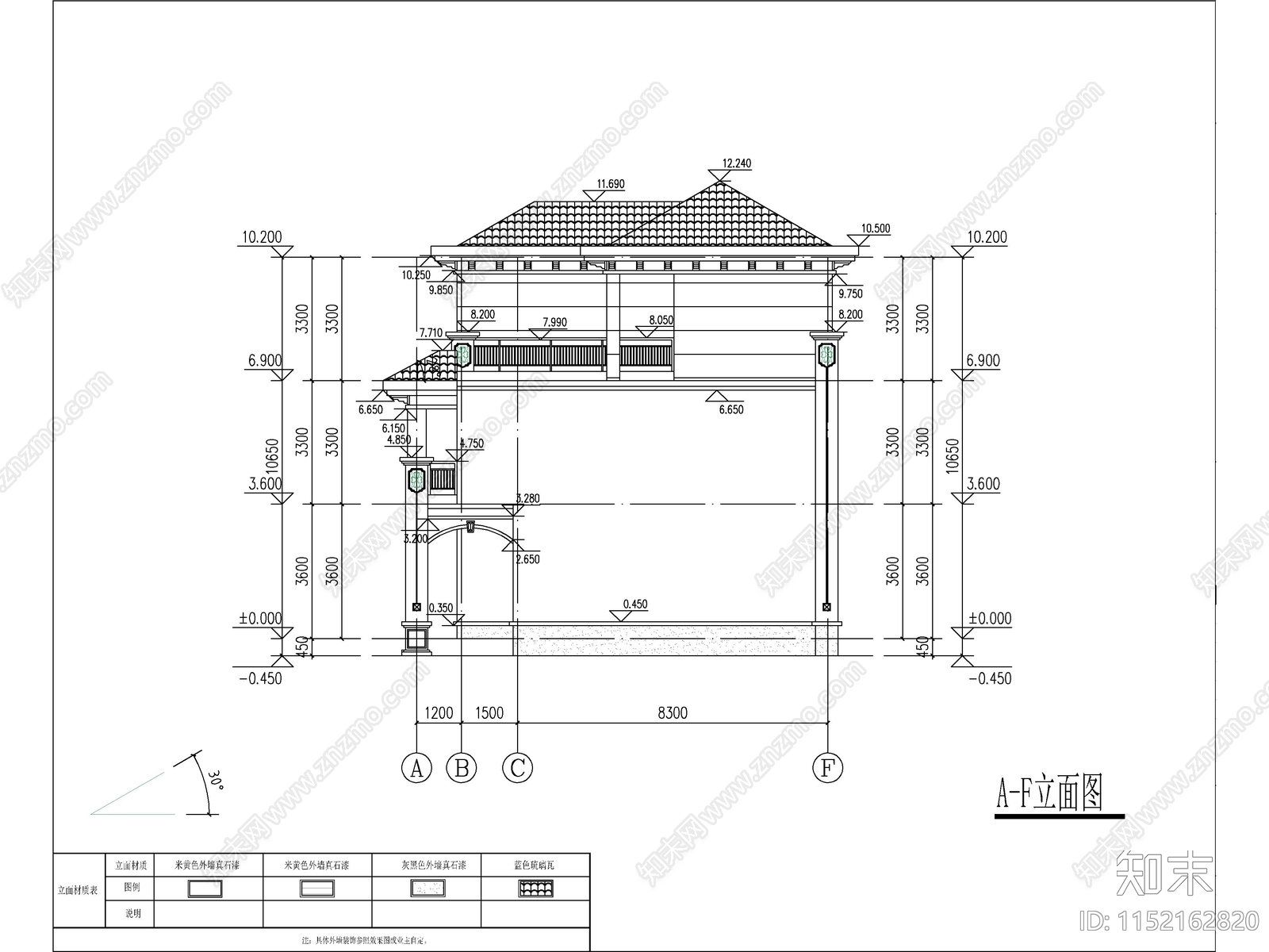 欧式三层独栋别墅建筑cad施工图下载【ID:1152162820】