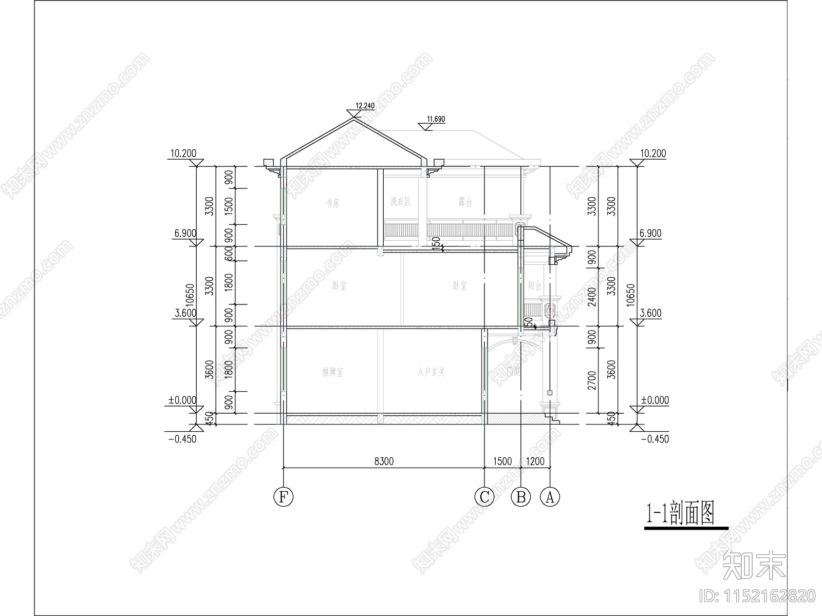 欧式三层独栋别墅建筑cad施工图下载【ID:1152162820】