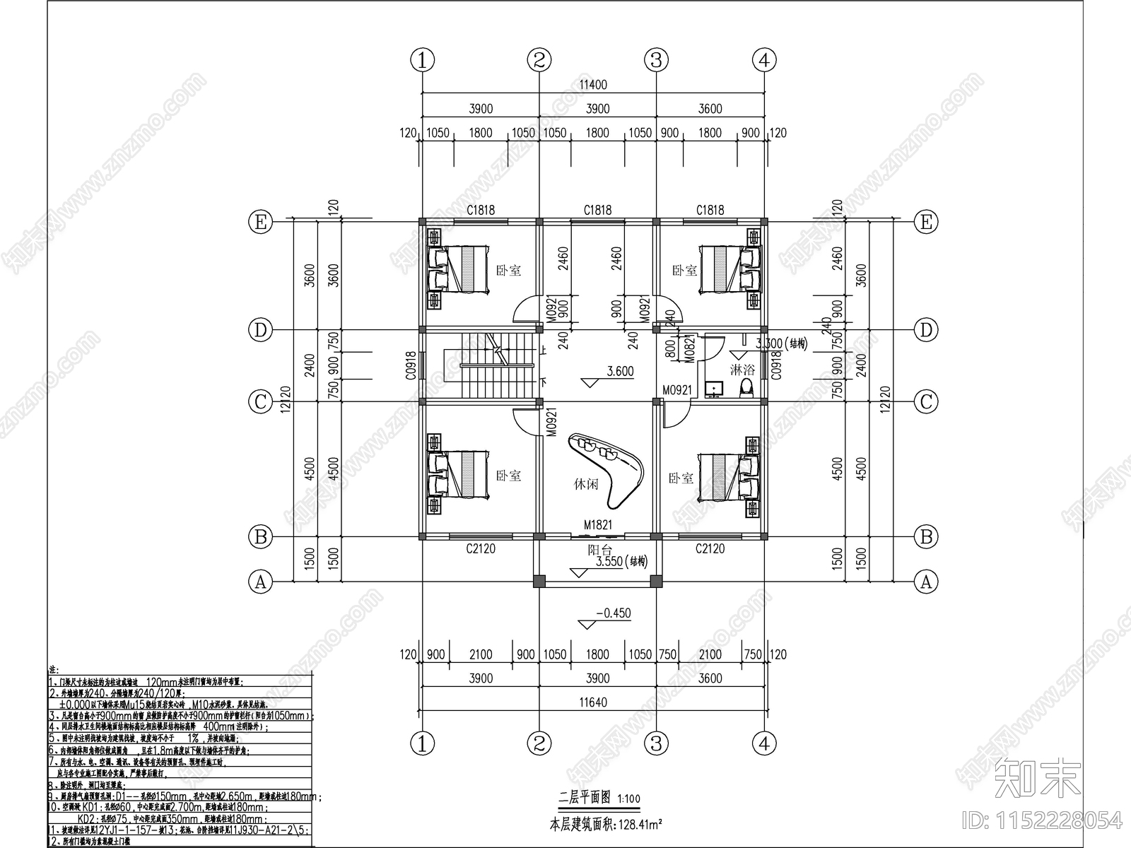 新中式两层独栋别墅建筑施工图下载【ID:1152228054】