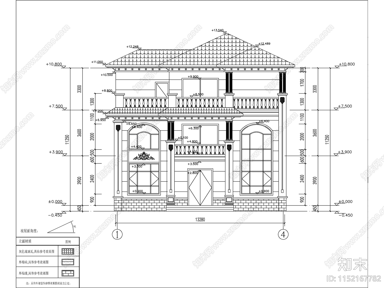 欧式三层独栋别墅建筑cad施工图下载【ID:1152167782】