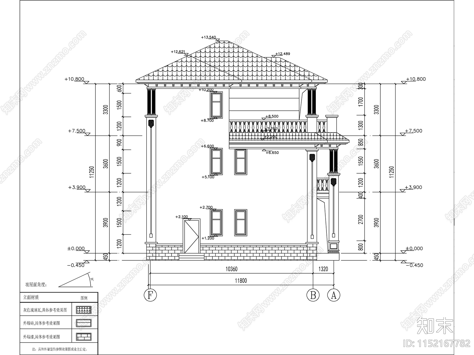 欧式三层独栋别墅建筑cad施工图下载【ID:1152167782】