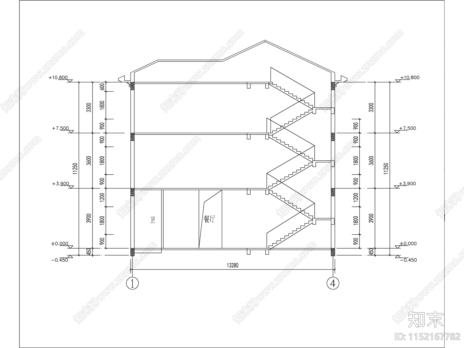 欧式三层独栋别墅建筑cad施工图下载【ID:1152167782】